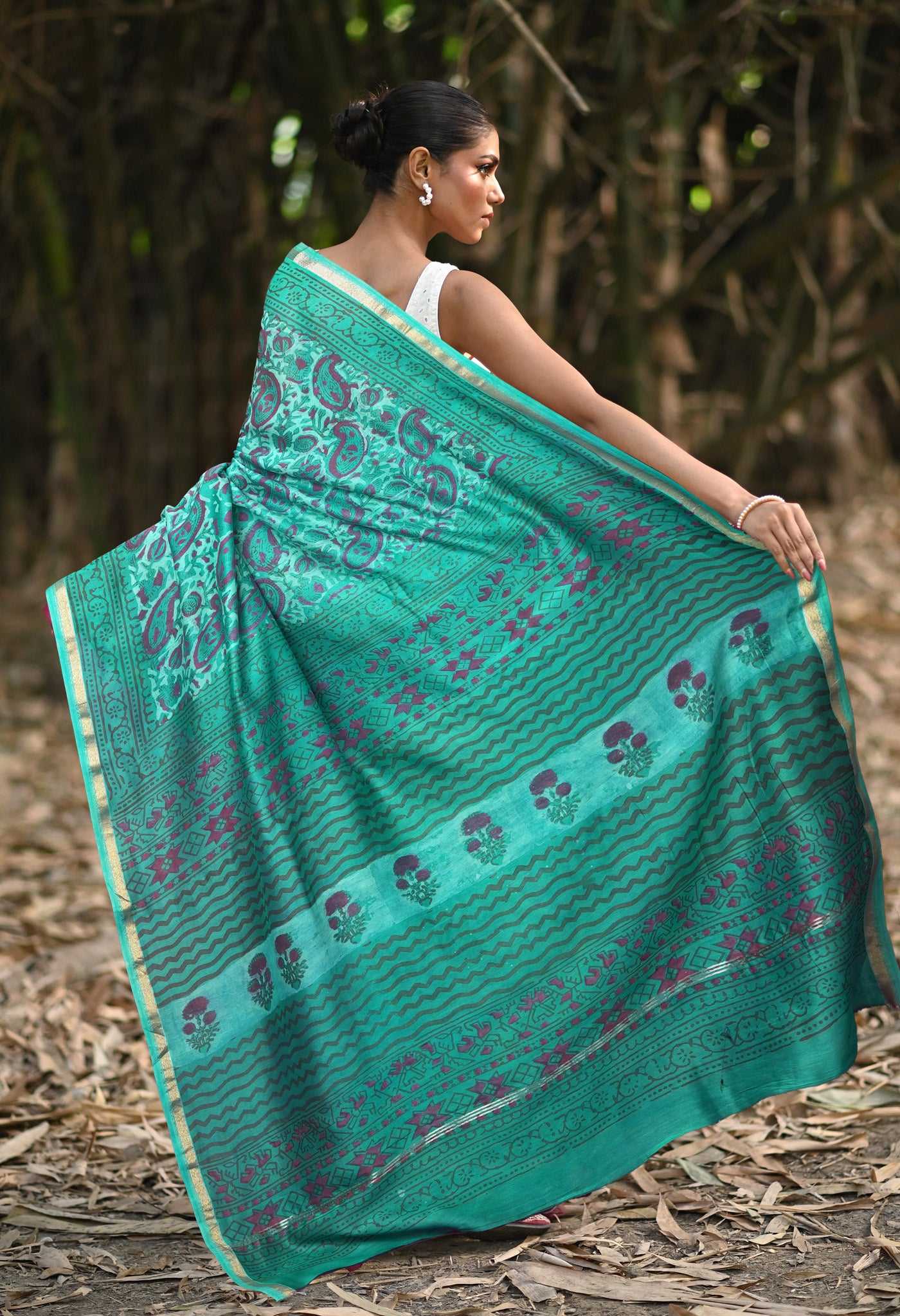 Turquoise Blue Pure Vanaspathi Block Printed Chanderi Sico Saree-UNM81842