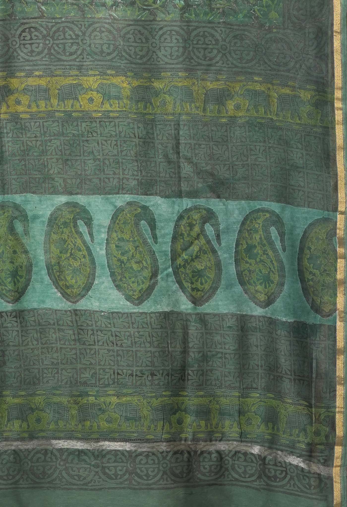 Green Pure Vanaspathi Block Printed Chanderi Sico Saree-UNM81847