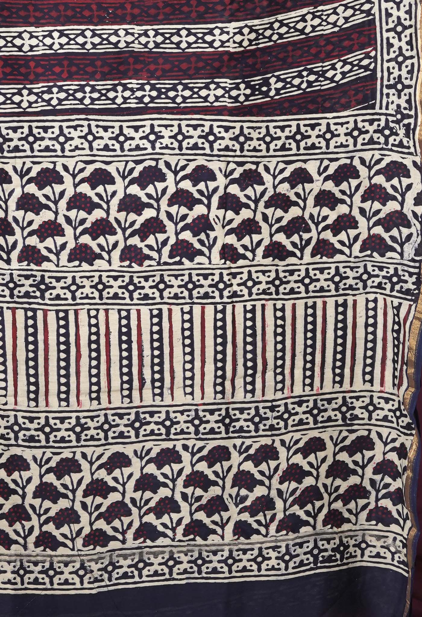 Navy Blue Pure Napthol Block Printed Chanderi Sico Saree-UNM81852