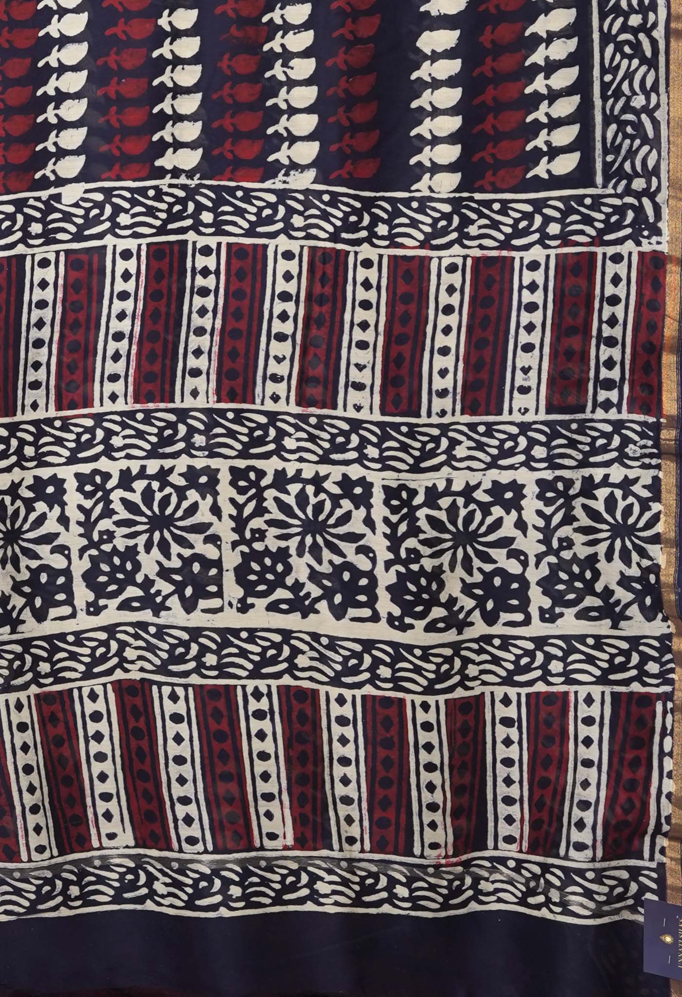 Navy Blue Pure Napthol Block Printed Chanderi Sico Saree-UNM81859