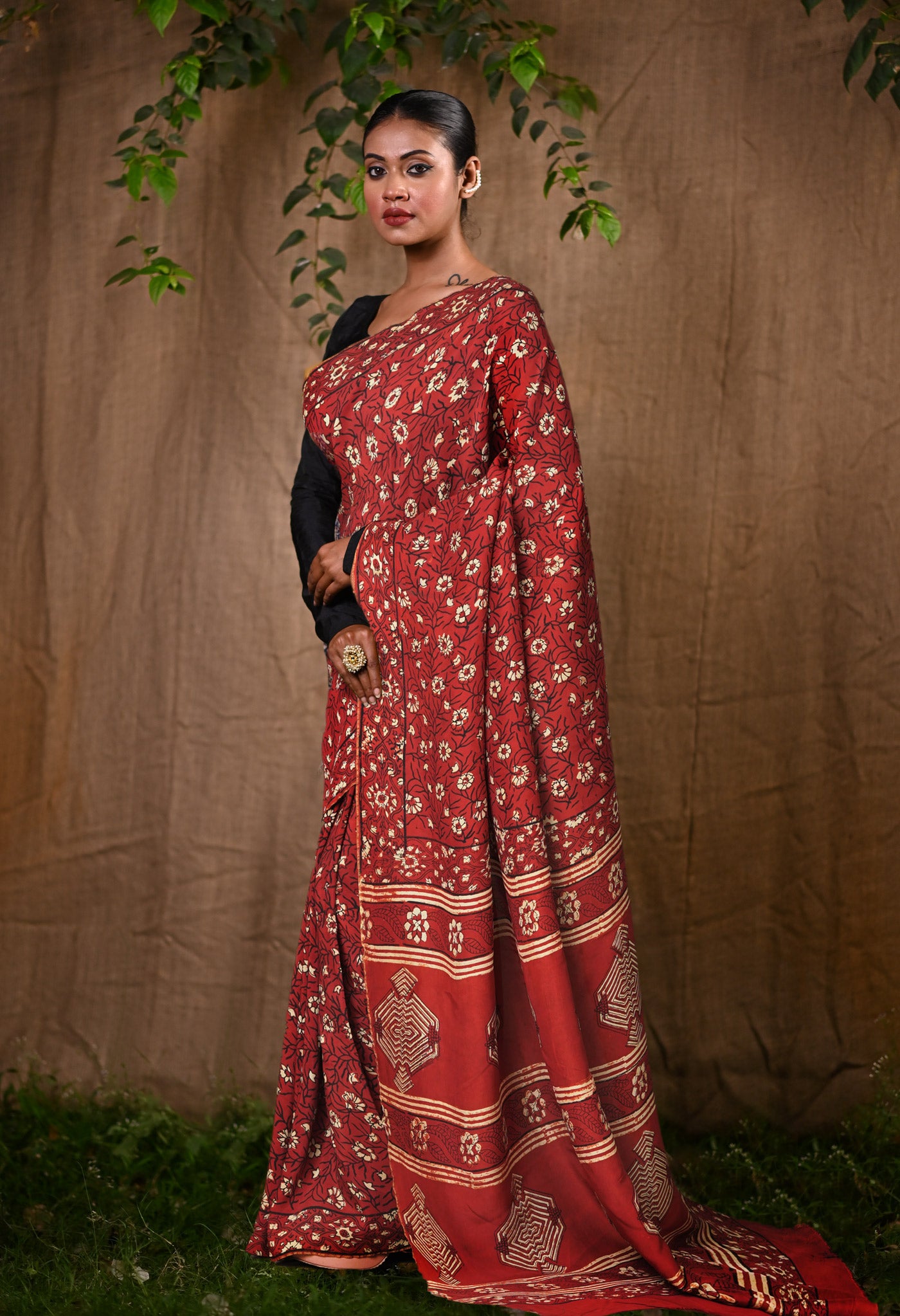 Red Pure Ajrakh Printed Soft Silk Saree-UNM81861