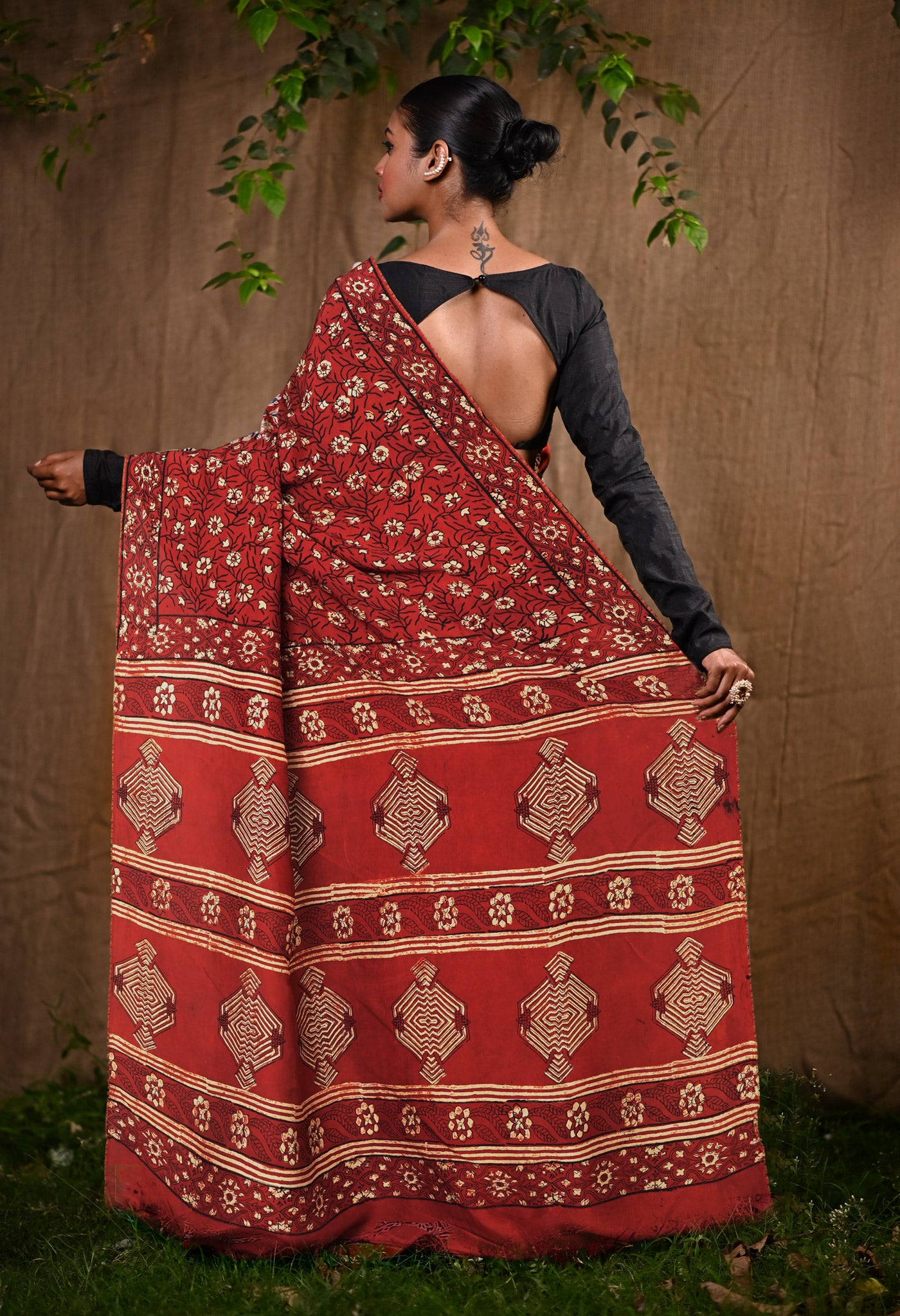 Red Pure Ajrakh Printed Soft Silk Saree-UNM81861