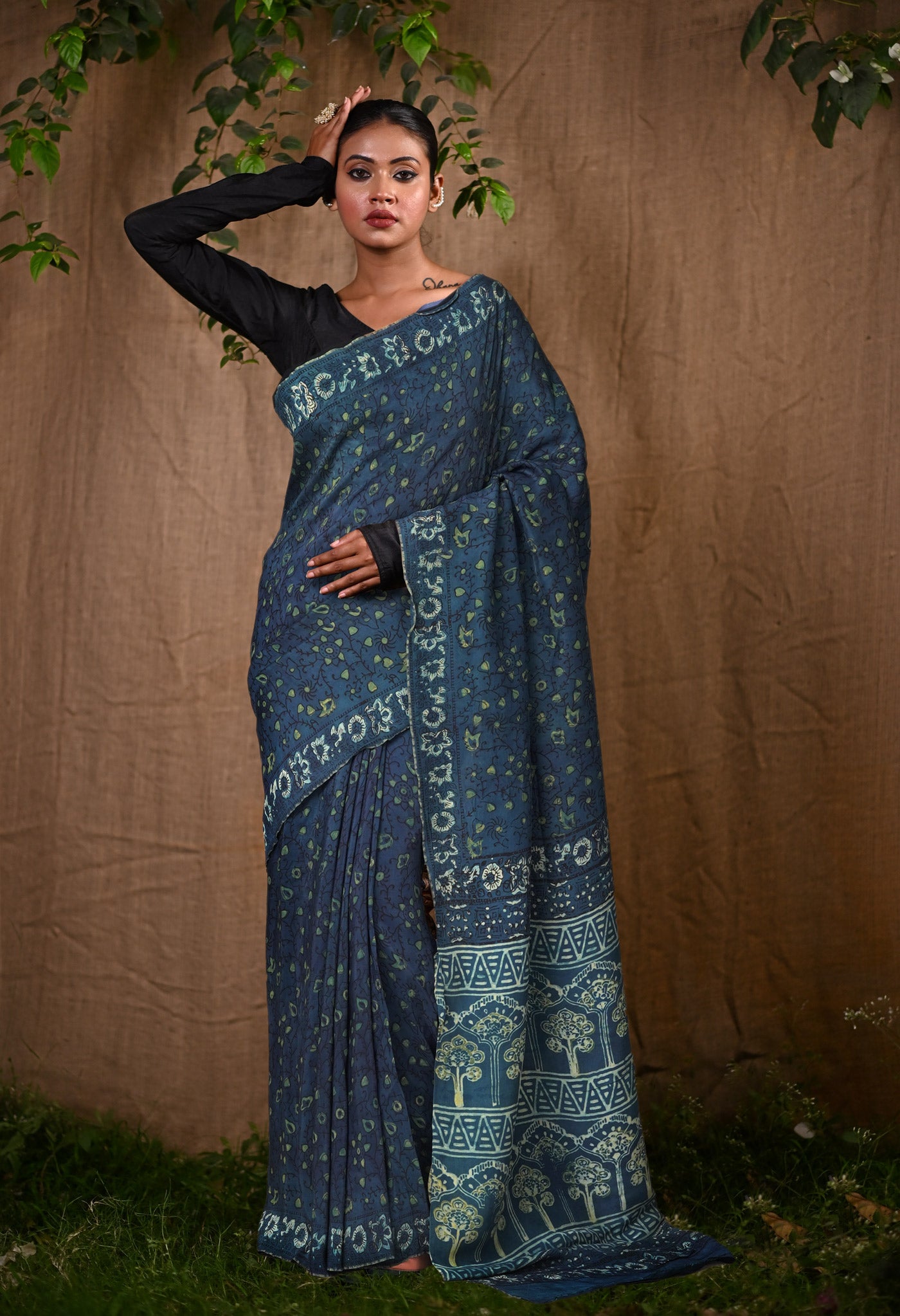 Blue Pure Ajrakh Printed Soft Silk Saree-UNM81862