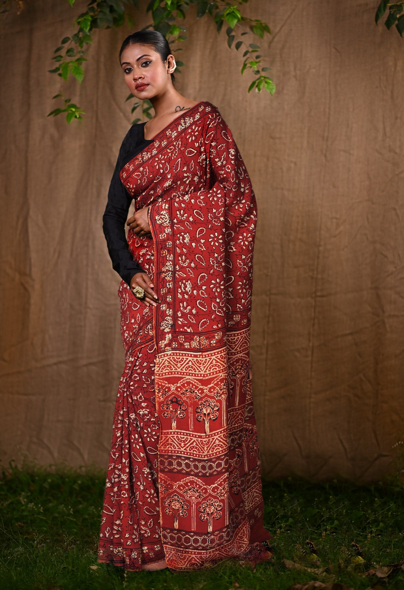 Red Pure Ajrakh Printed Soft Silk Saree-UNM81863