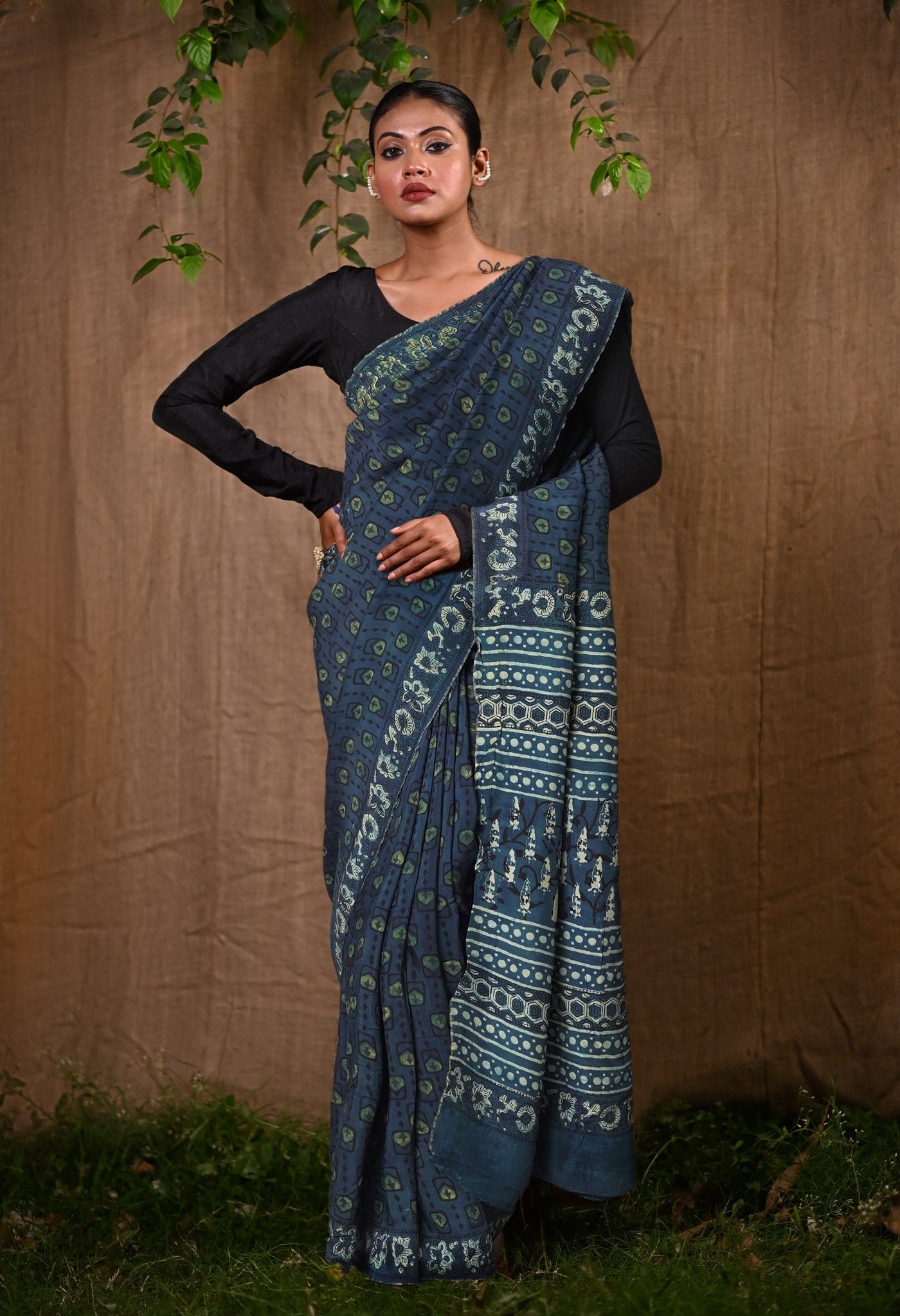 Blue Pure Ajrakh Printed Soft Silk Saree-UNM81864