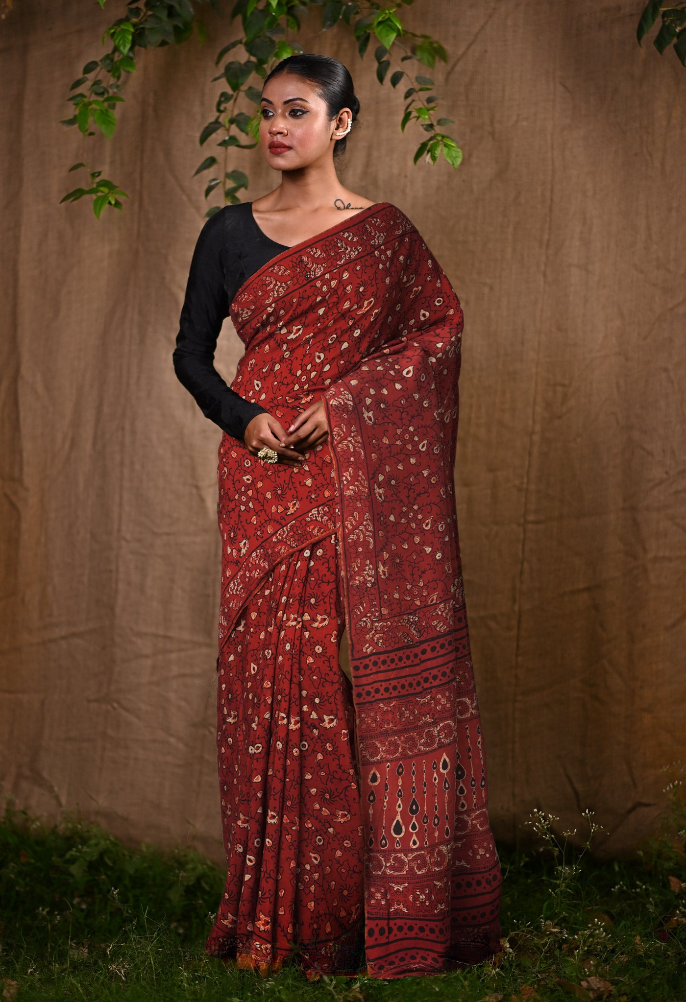 Red Pure Ajrakh Printed Soft Silk Saree-UNM81865
