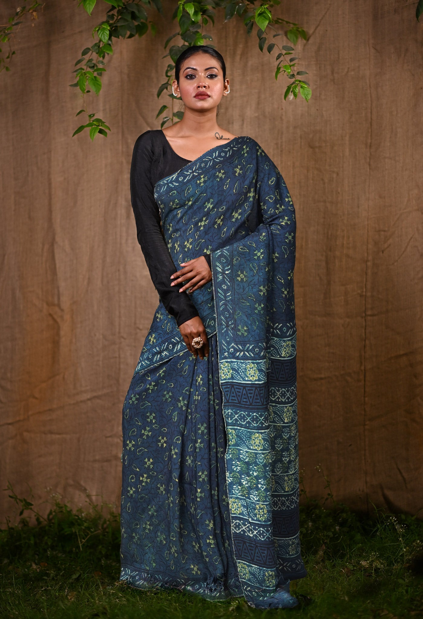 Blue Pure Ajrakh Printed Soft Silk Saree-UNM81866