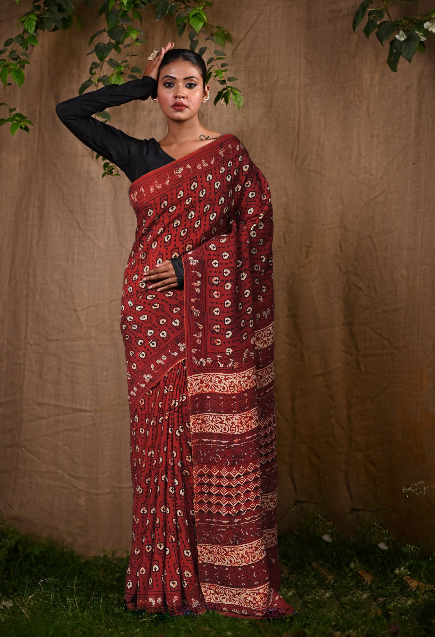 Red Pure Ajrakh Printed Soft Silk Saree-UNM81867