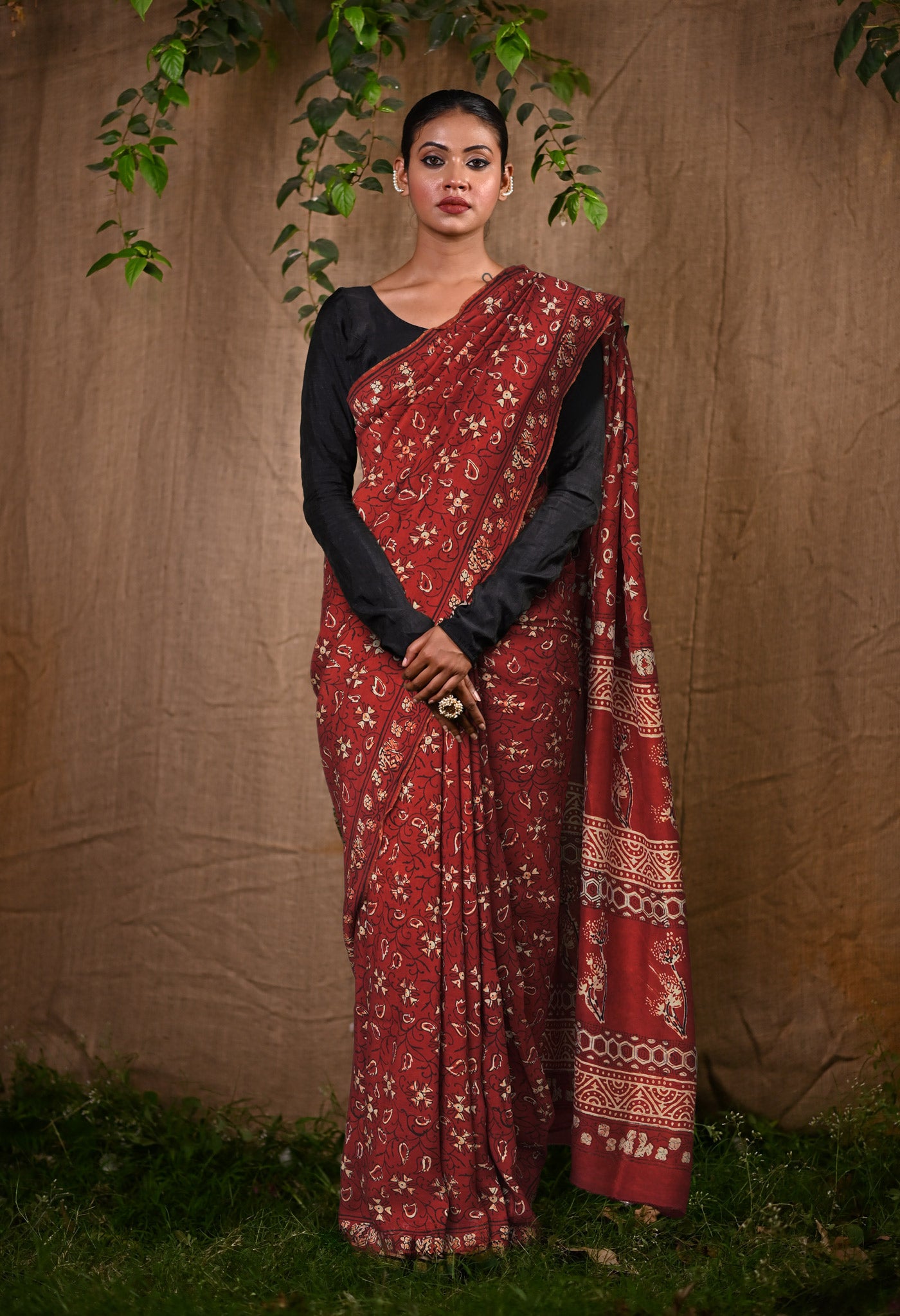 Red Pure Ajrakh Printed Soft Silk Saree-UNM81869