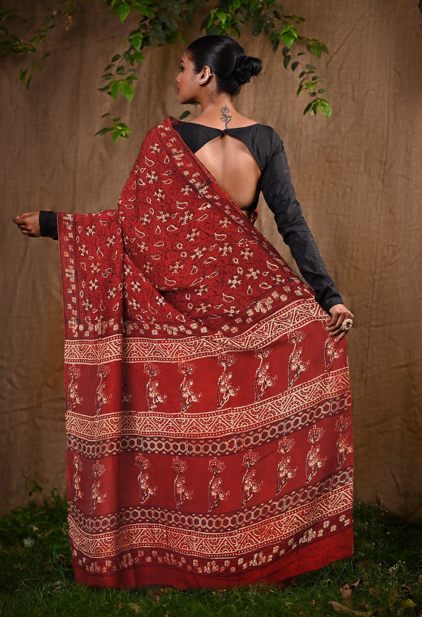 Red Pure Ajrakh Printed Soft Silk Saree-UNM81869