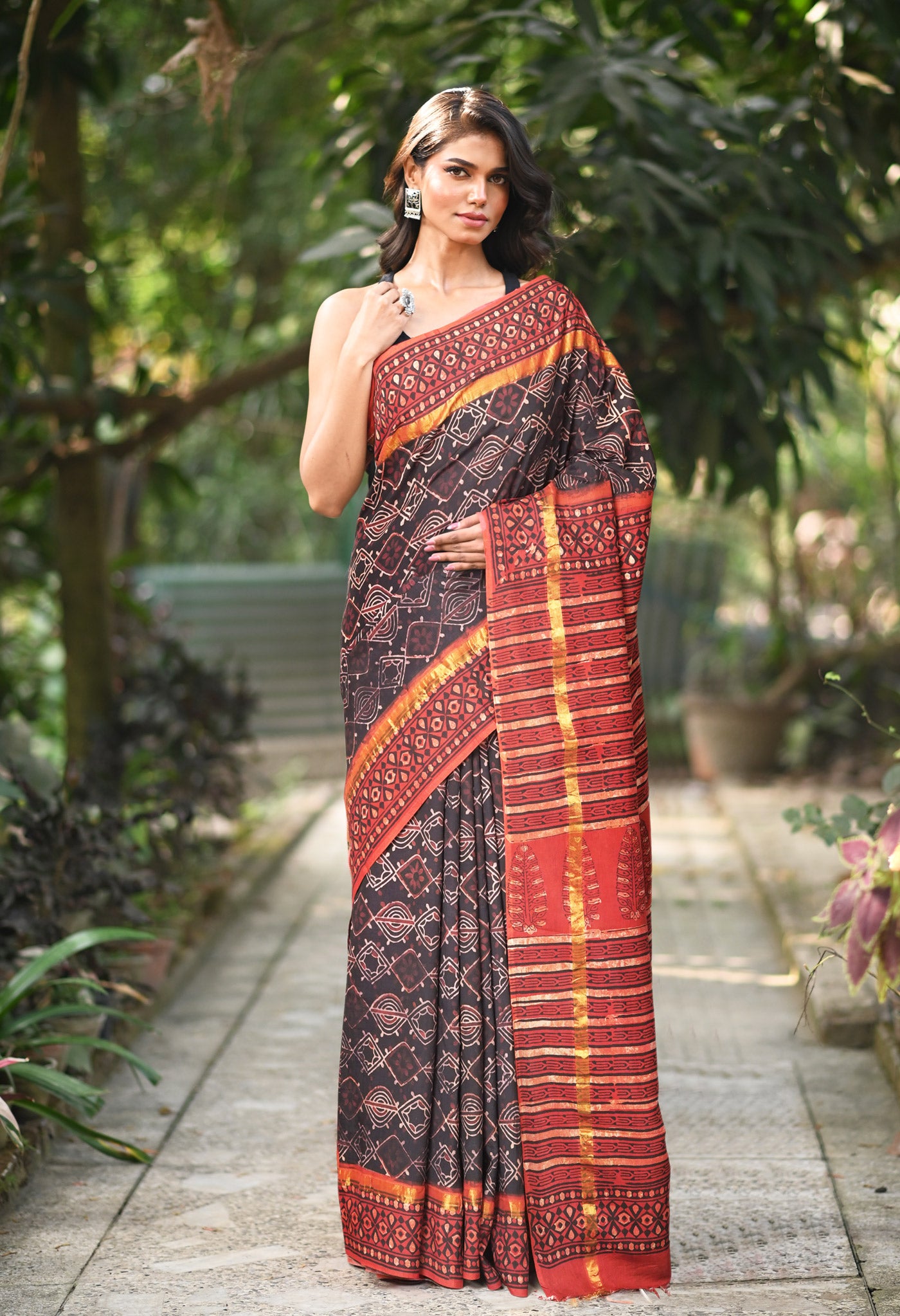Black-Red Pure Ajrakh Printed Soft Silk Saree-UNM81872