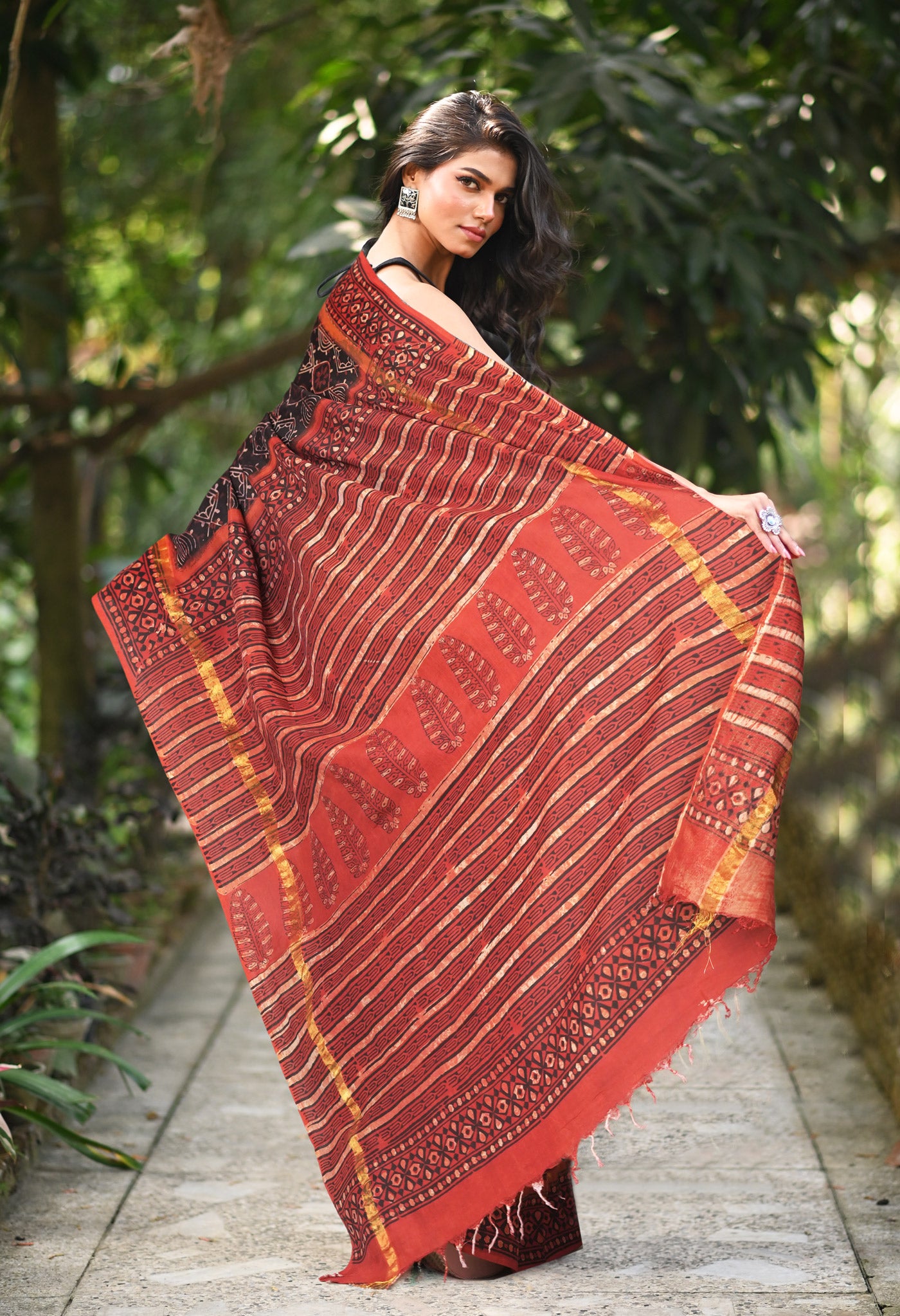 Black-Red Pure Ajrakh Printed Soft Silk Saree-UNM81872