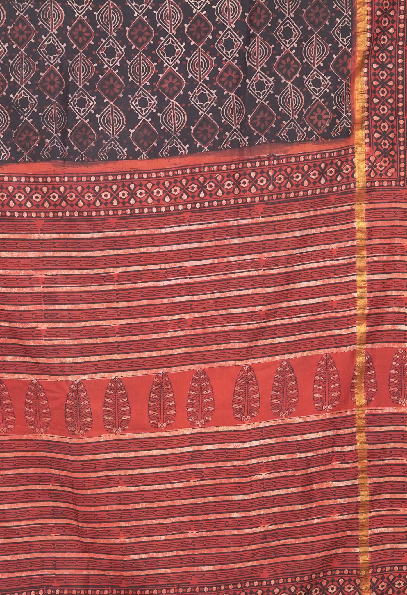 Black-Red Pure Ajrakh Printed Soft Silk Saree-UNM81872