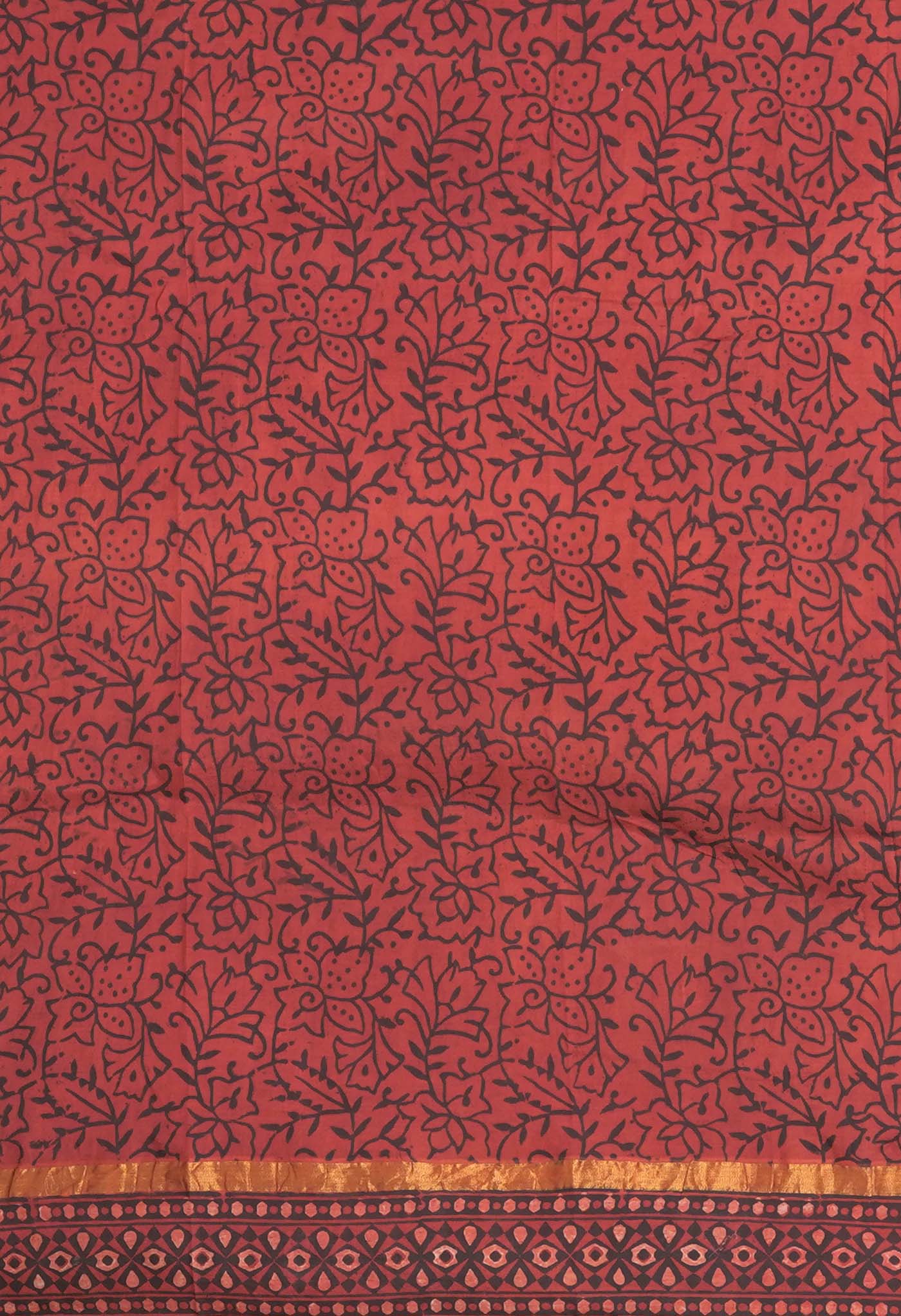 Black-Red Pure Ajrakh Printed Soft Silk Saree-UNM81872
