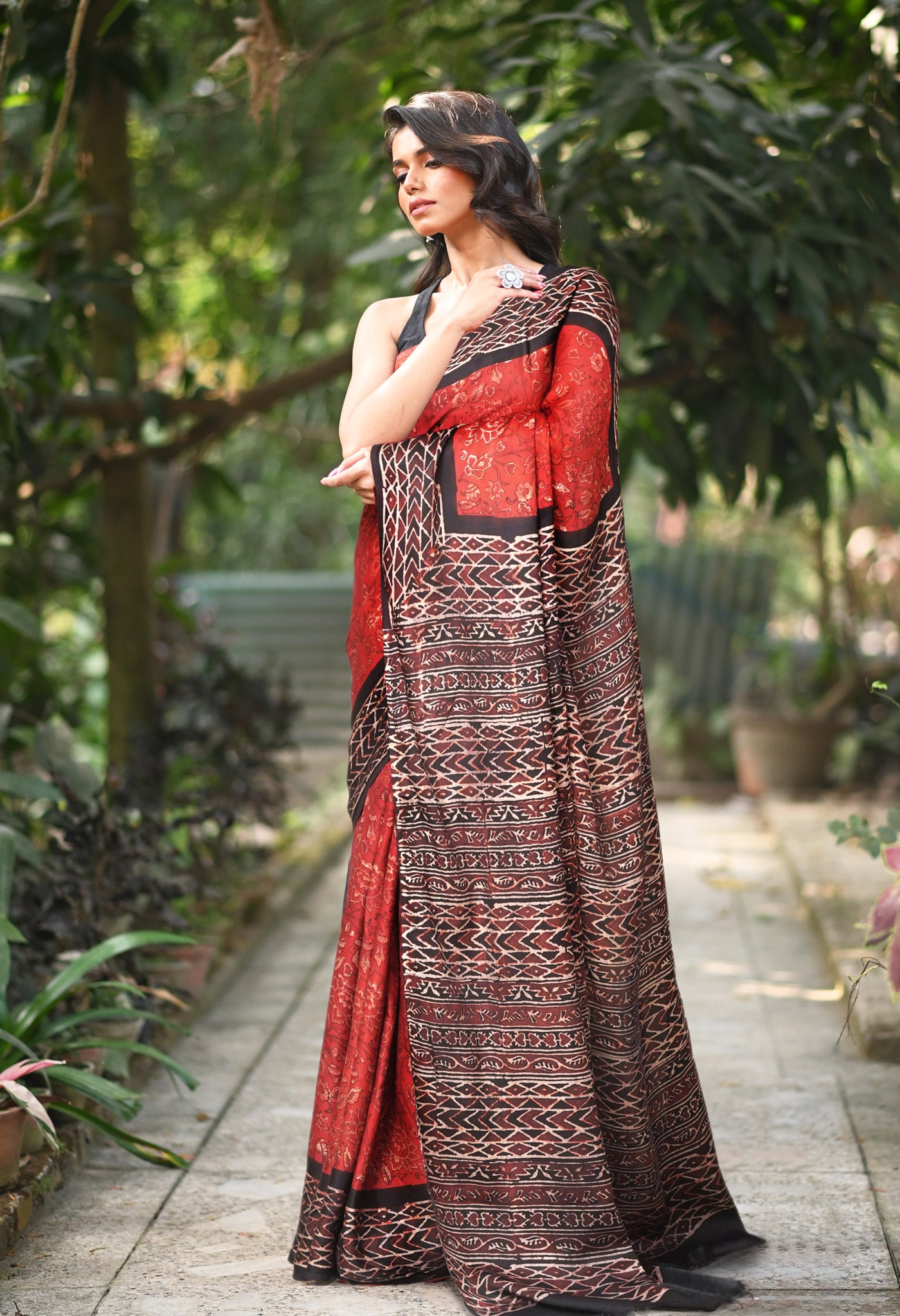 Red-Black Pure Ajrakh Printed Soft Silk Saree-UNM81873