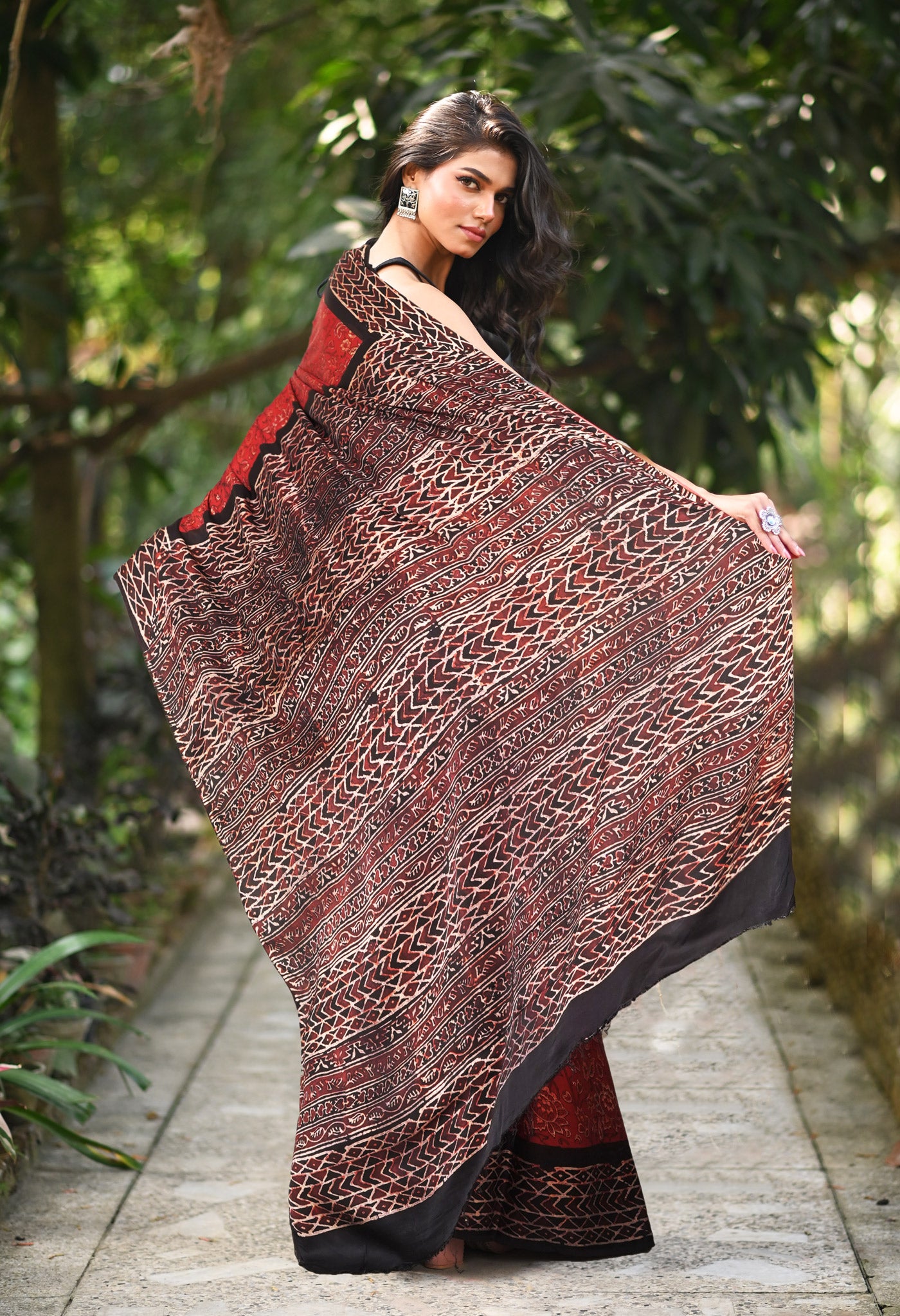 Red-Black Pure Ajrakh Printed Soft Silk Saree-UNM81873