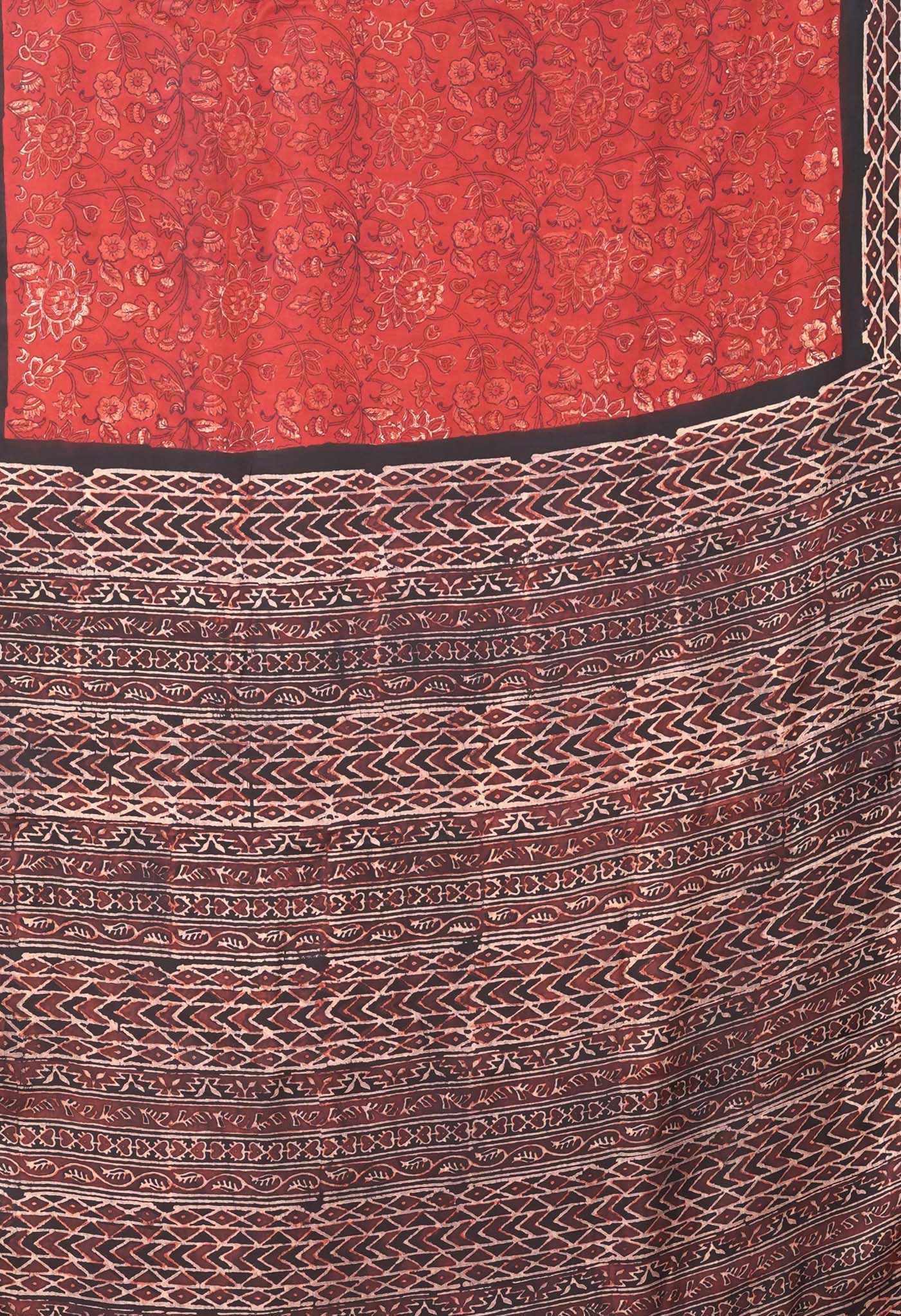 Red-Black Pure Ajrakh Printed Soft Silk Saree-UNM81873