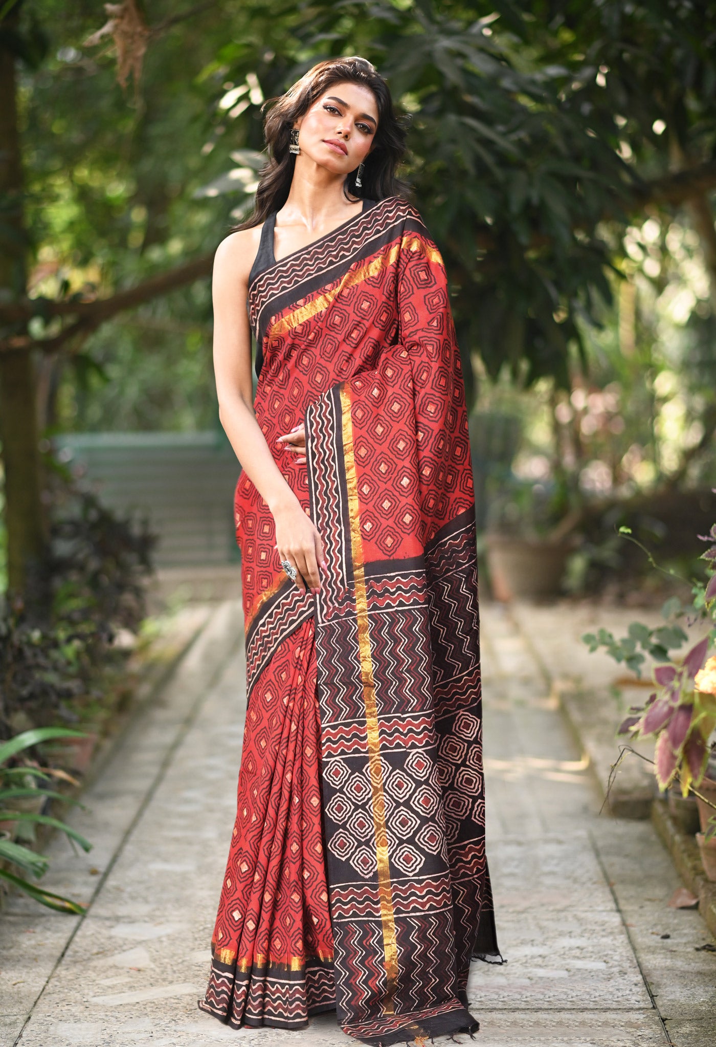 Red-Black Pure Ajrakh Printed Soft Silk Saree-UNM81878