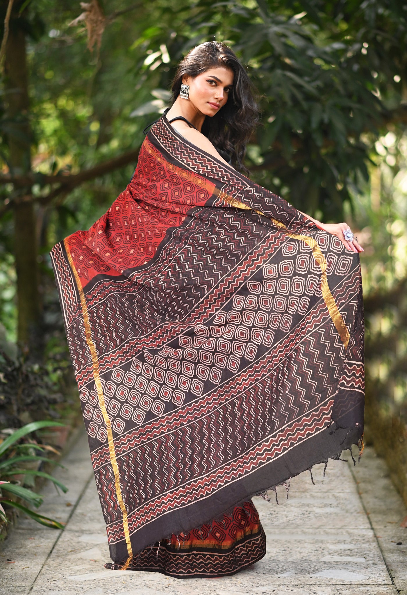 Red-Black Pure Ajrakh Printed Soft Silk Saree-UNM81878