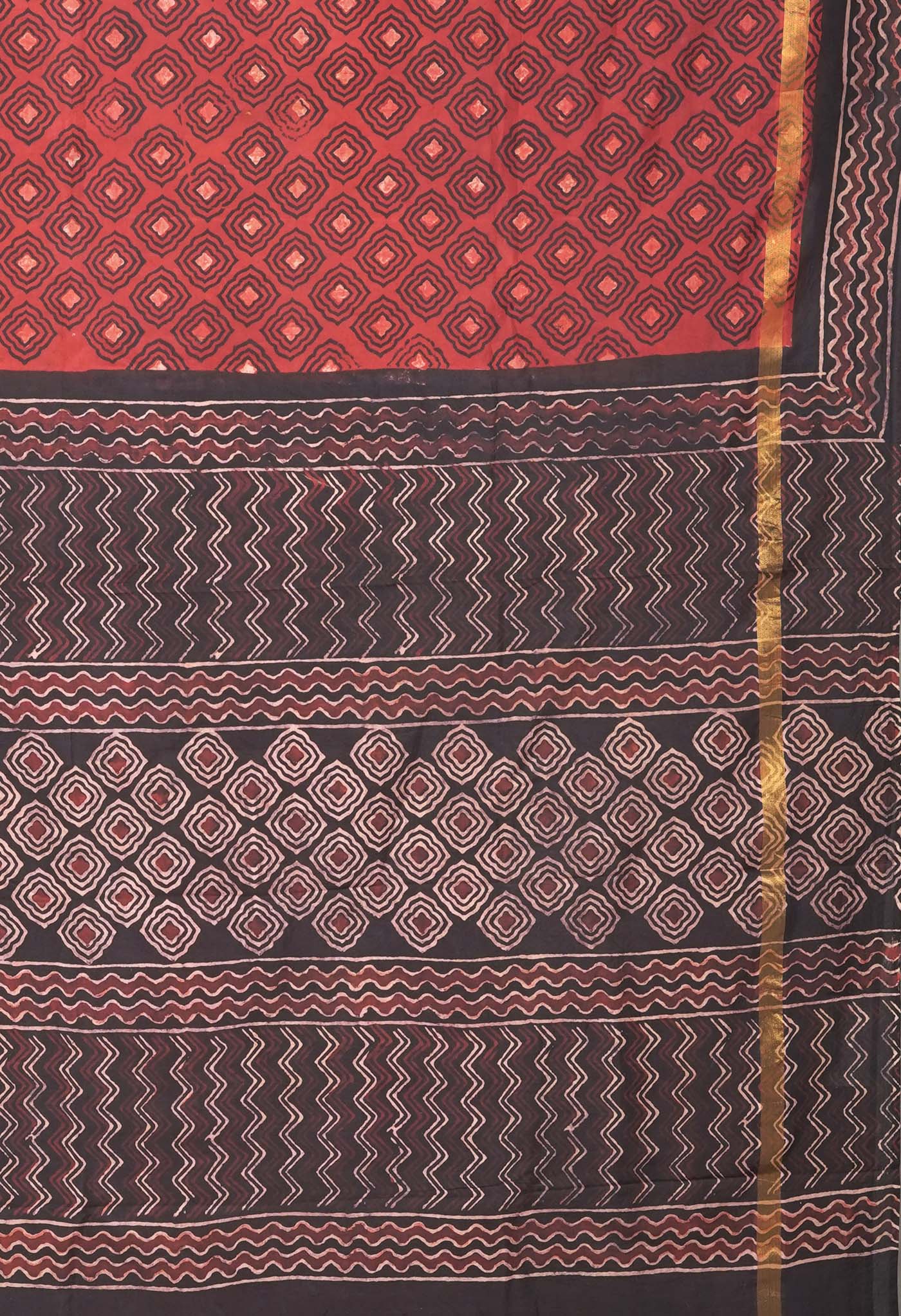 Red-Black Pure Ajrakh Printed Soft Silk Saree-UNM81878