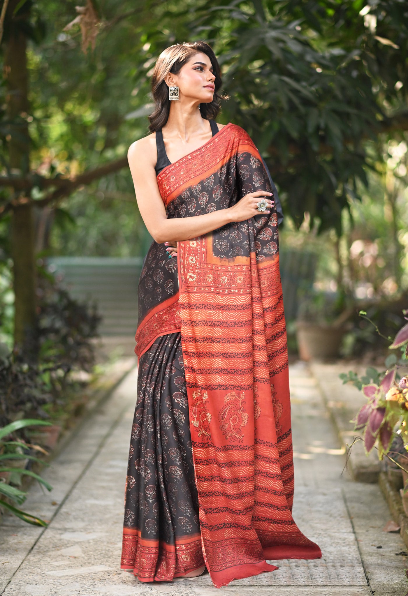 Black-Red Pure Ajrakh Printed Soft Silk Saree-UNM81879