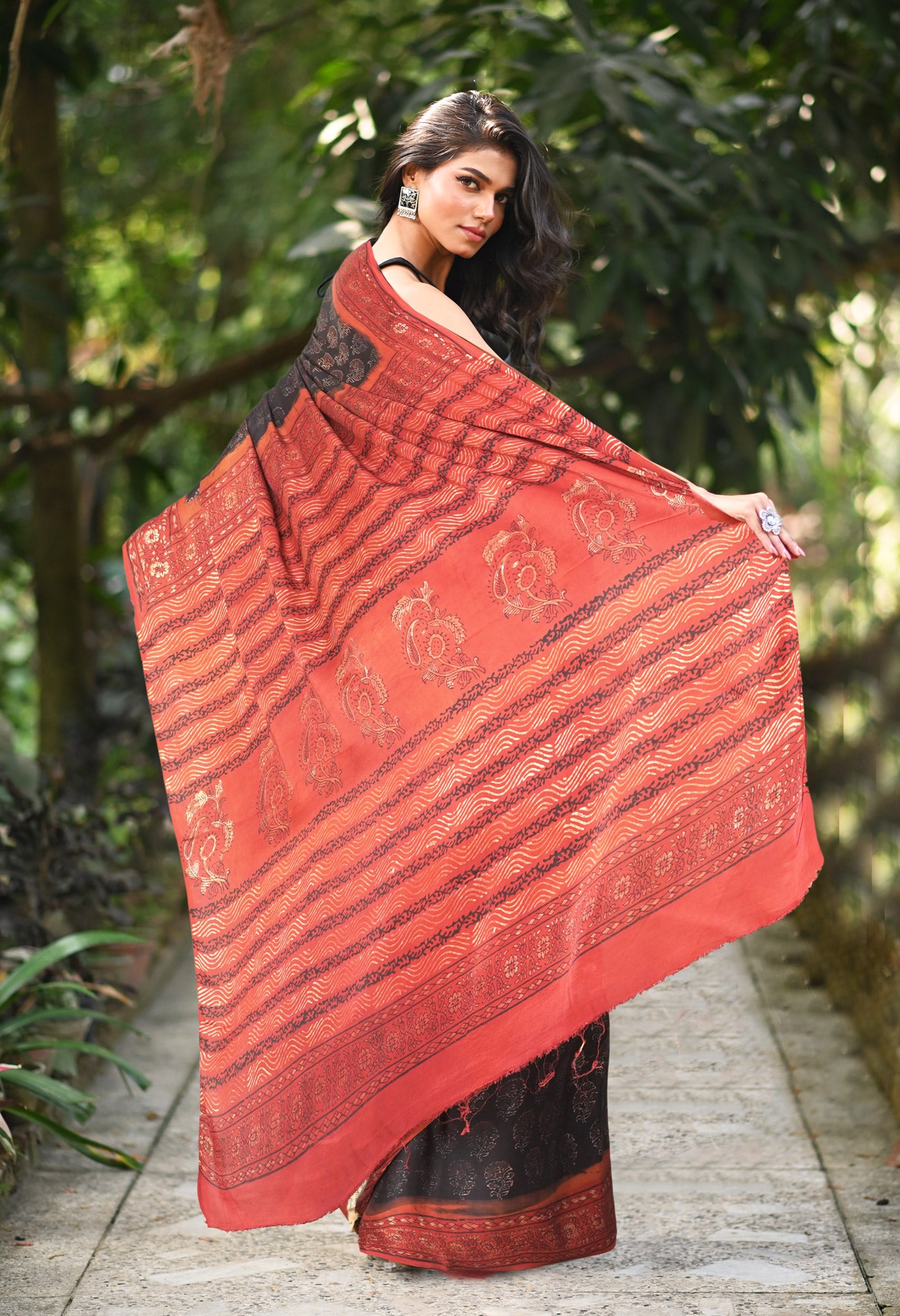 Black-Red Pure Ajrakh Printed Soft Silk Saree-UNM81879