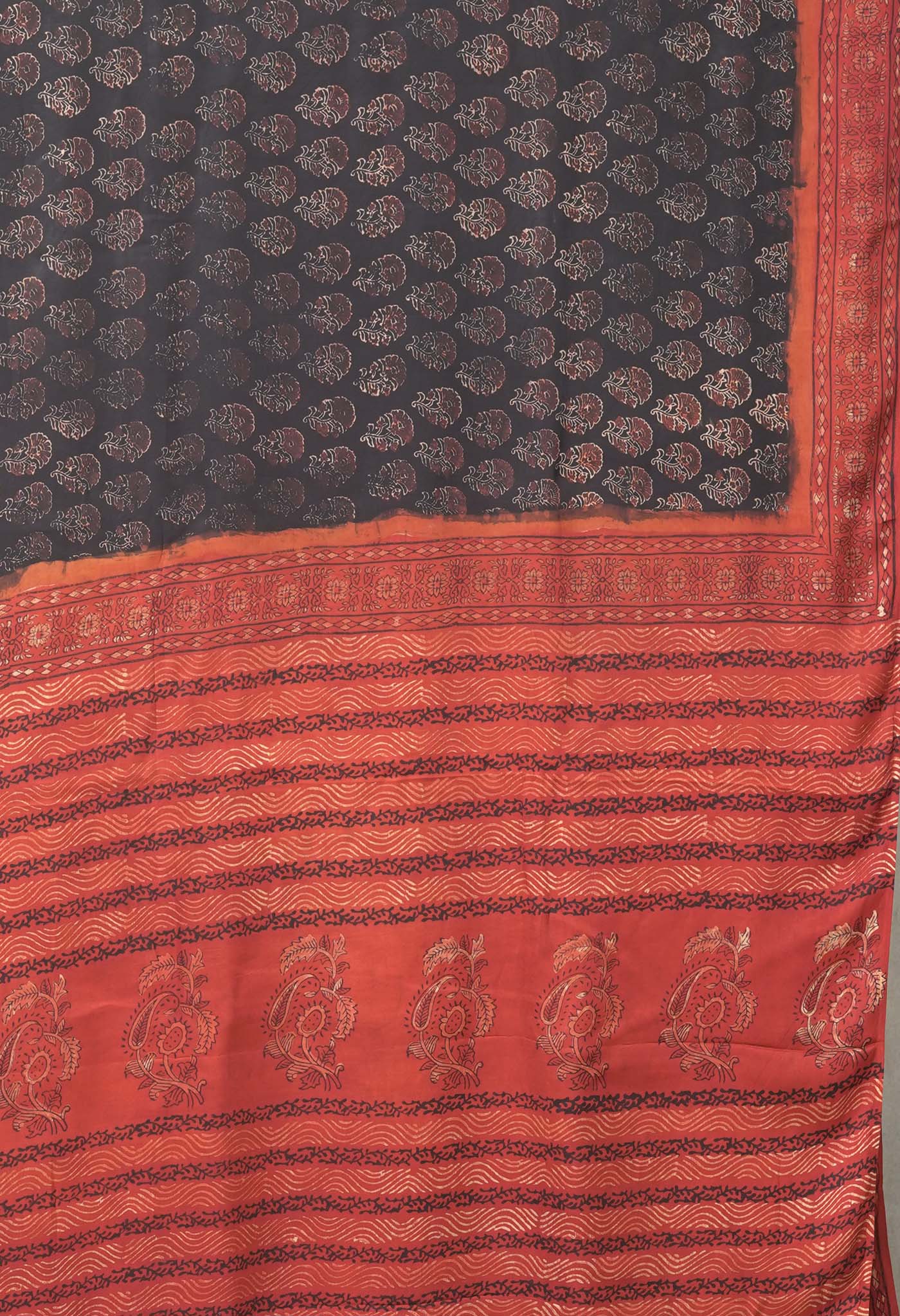 Black-Red Pure Ajrakh Printed Soft Silk Saree-UNM81879