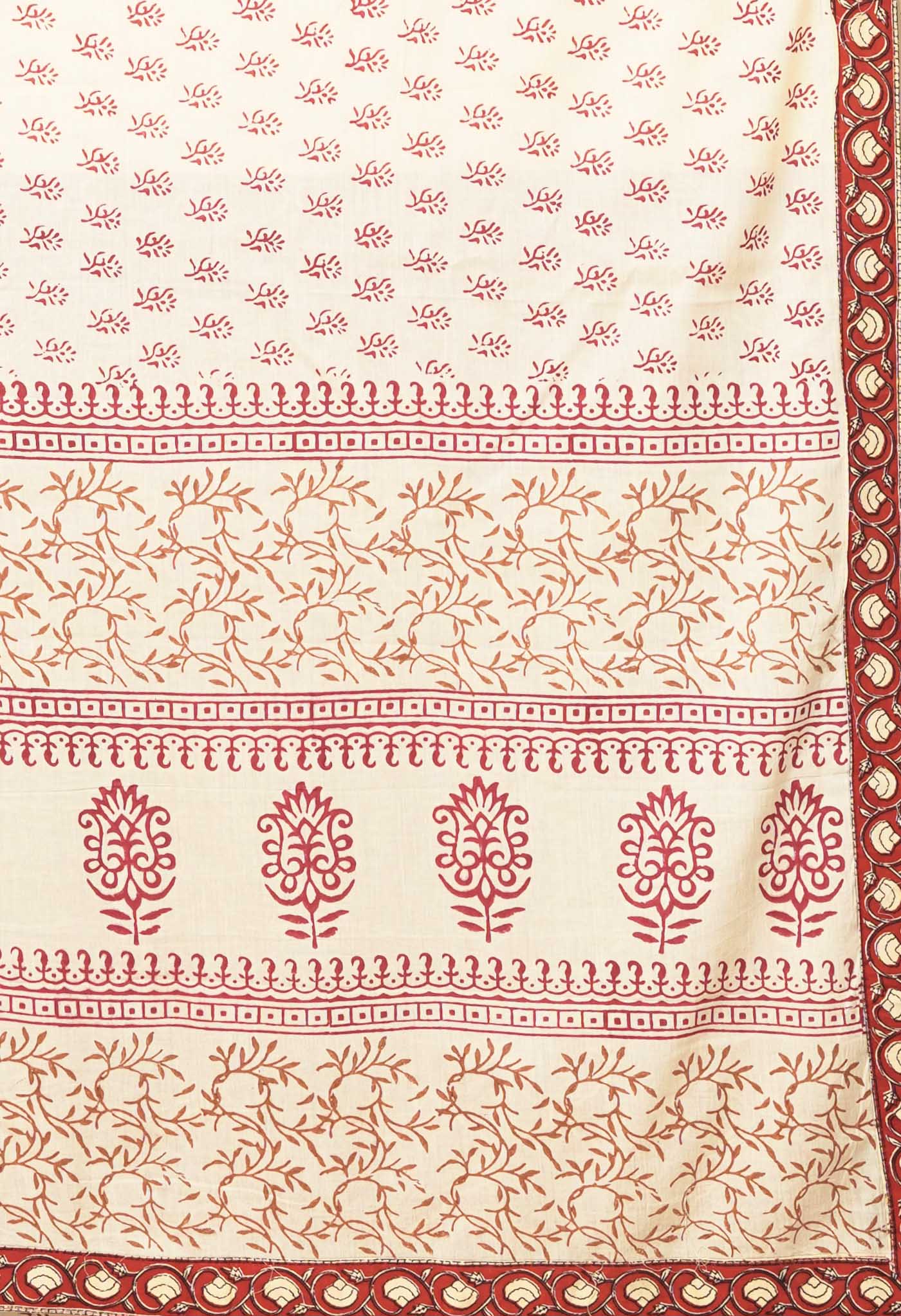 Ivory-Red Pure Hand Block Printed Soft Cotton Saree-UNM81897