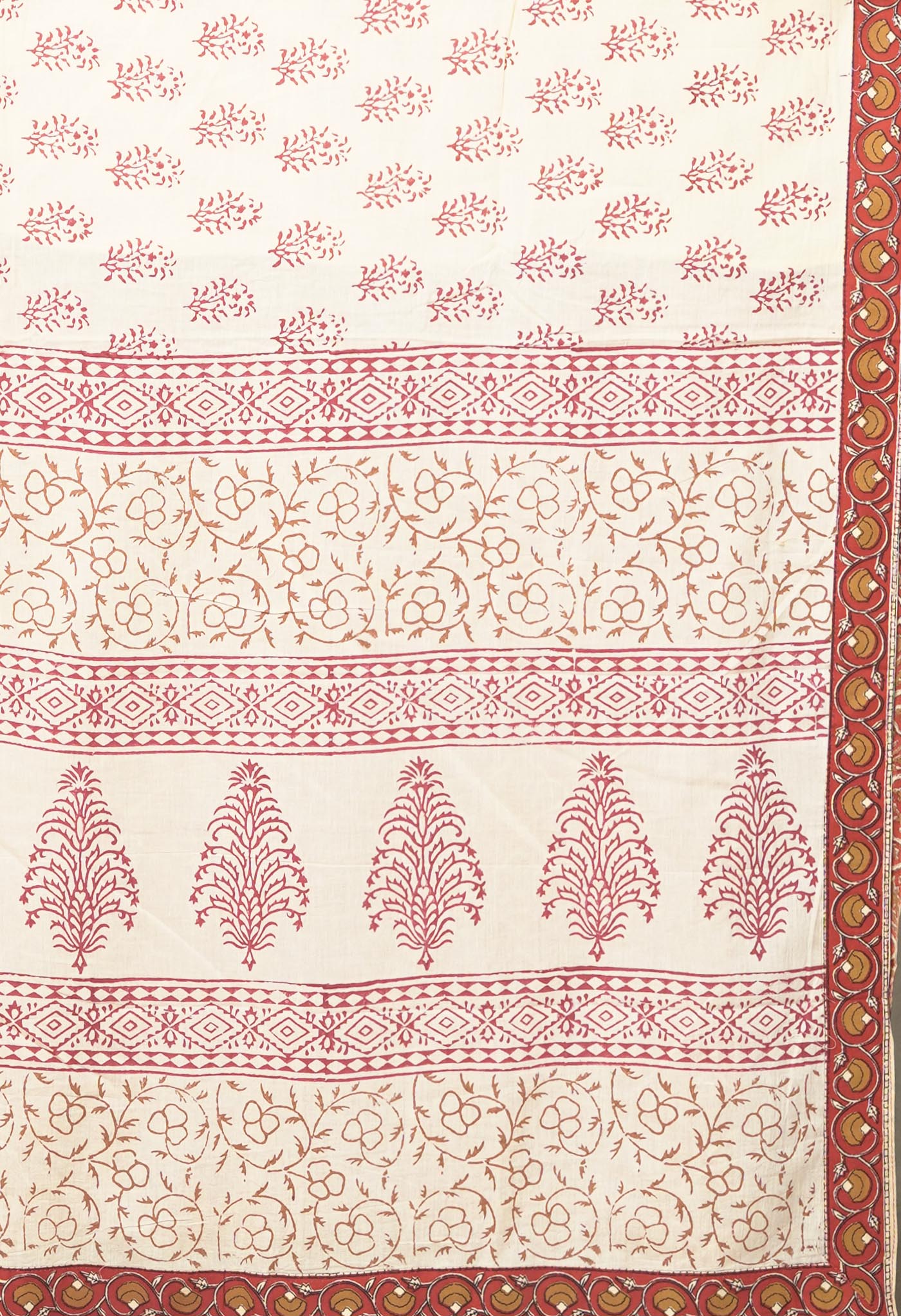 Ivory-Red Pure Hand Block Printed Soft Cotton Saree-UNM81899
