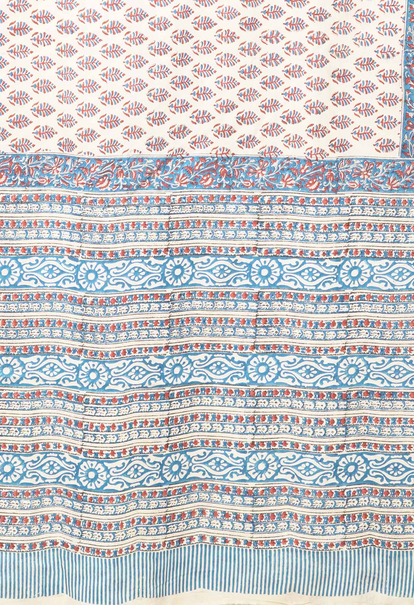 Ivory-Blue Pure Hand Block Printed Soft Cotton Saree-UNM81901