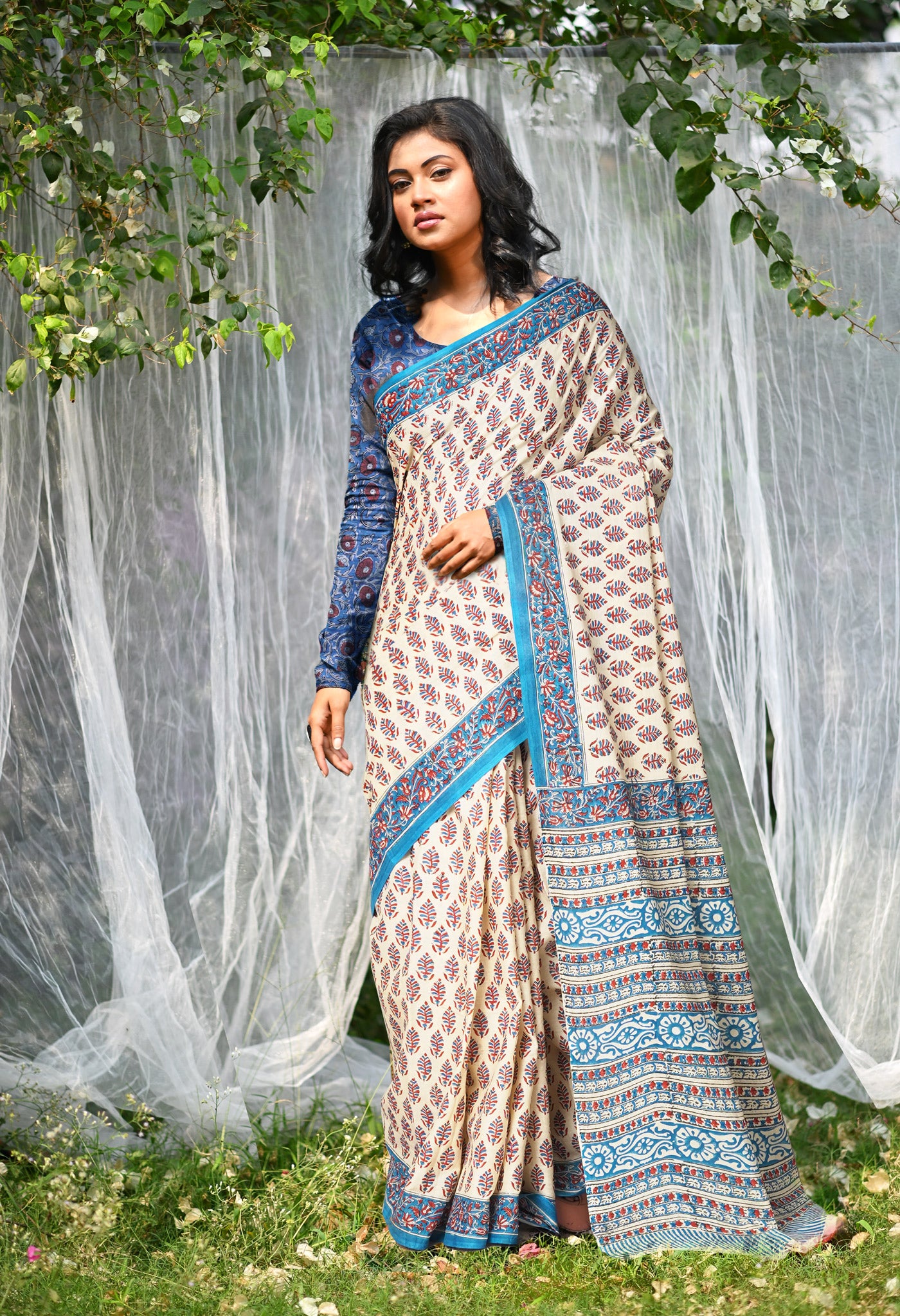 Ivory-Blue Pure Hand Block Printed Soft Cotton Saree-UNM81901