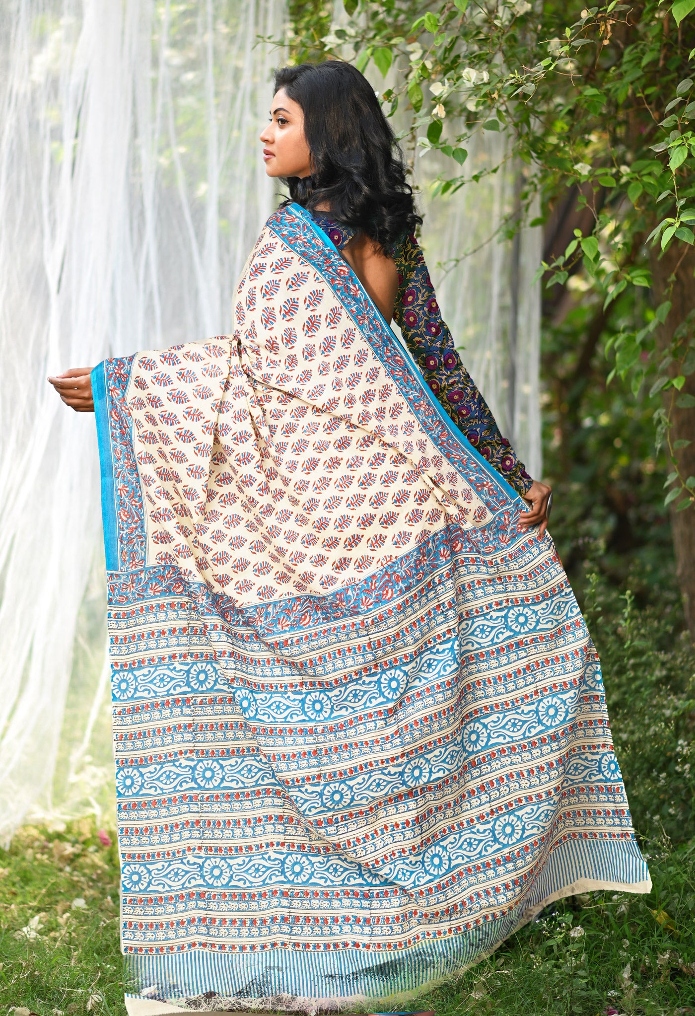 Ivory-Blue Pure Hand Block Printed Soft Cotton Saree-UNM81901