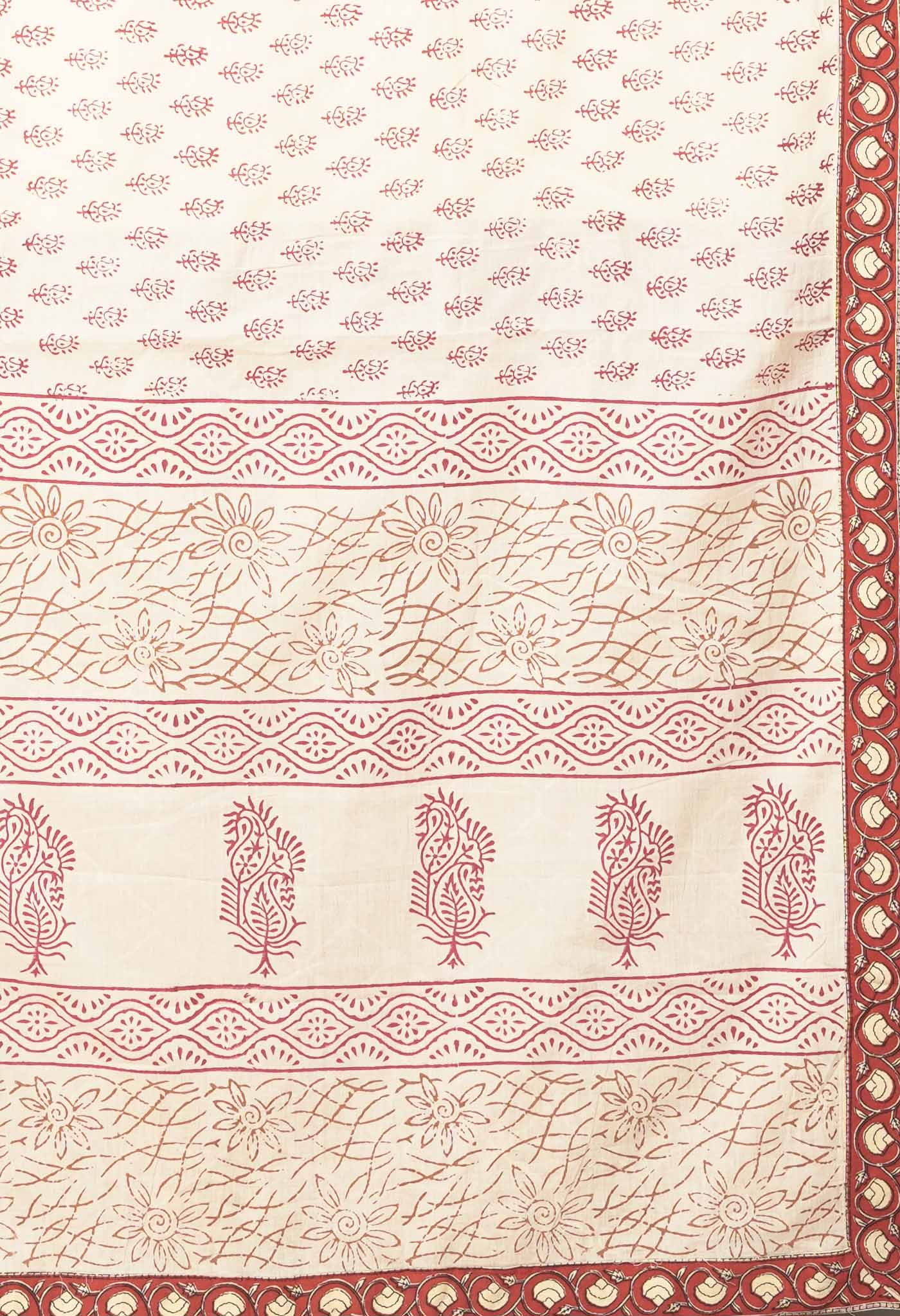 Ivory-Red Pure Hand Block Printed Soft Cotton Saree-UNM81902