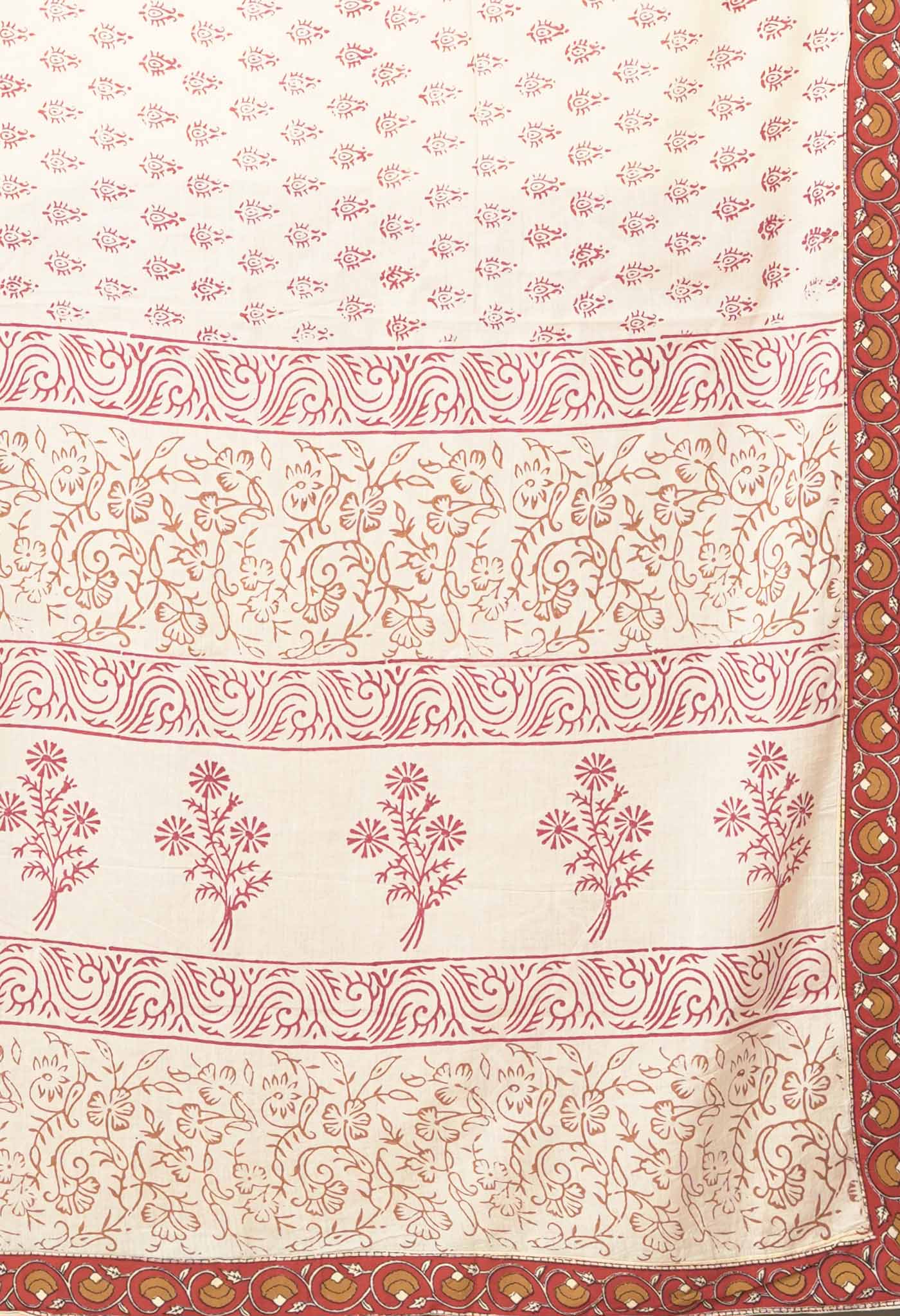 Ivory-Red Pure Hand Block Printed Soft Cotton Saree-UNM81904
