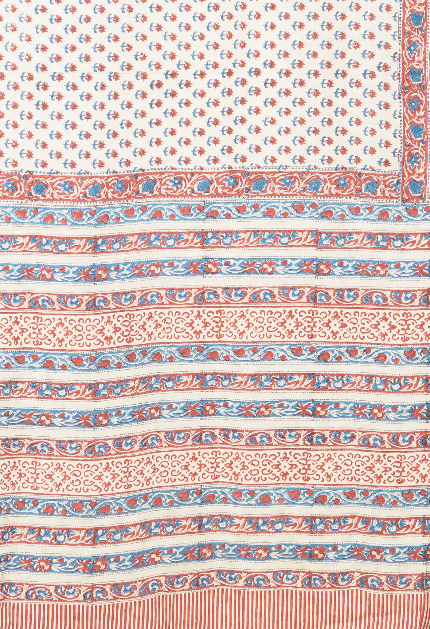 Ivory-Red Pure Hand Block Printed Soft Cotton Saree-UNM81906