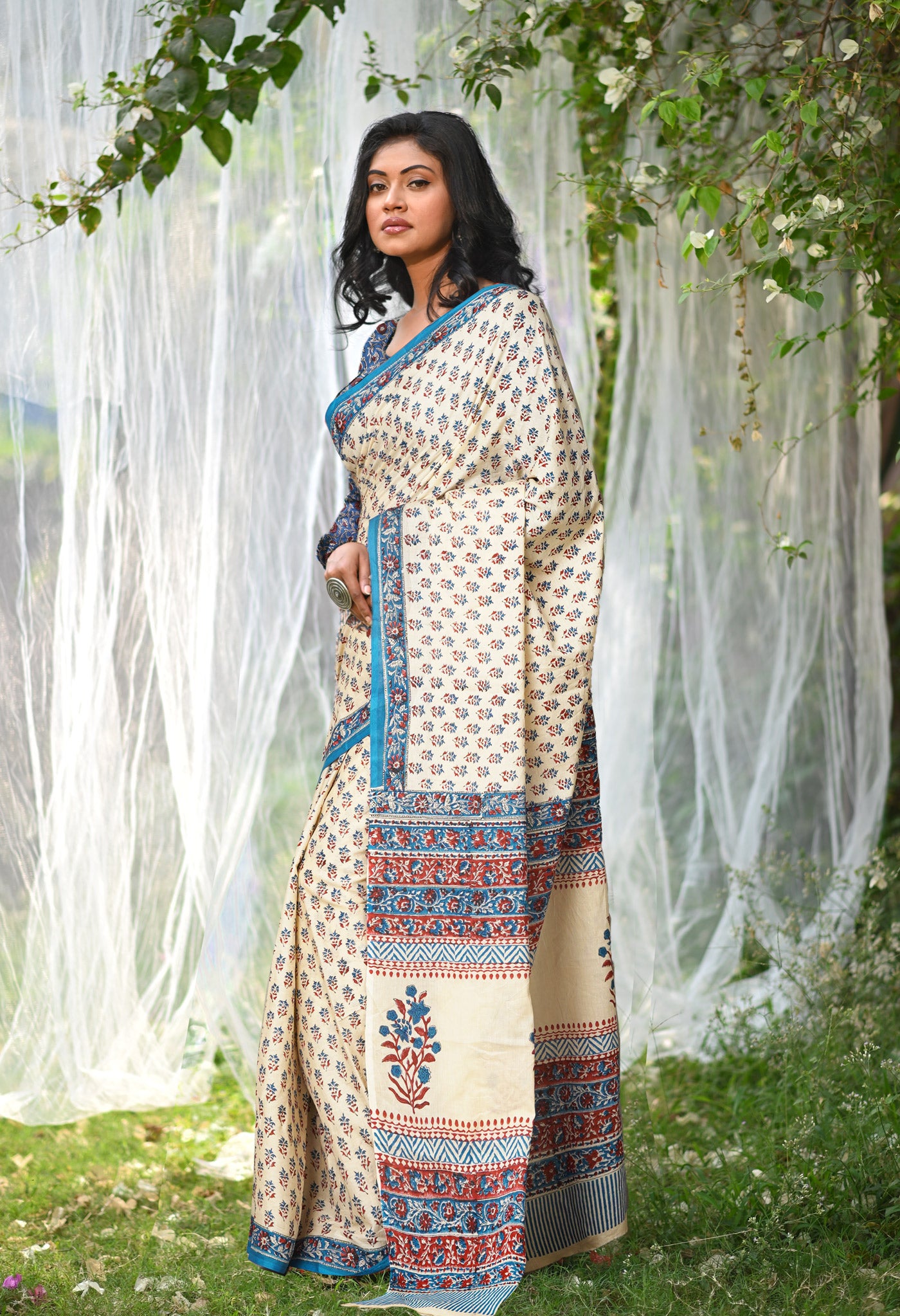 Ivory-Blue Pure Hand Block Printed Soft Cotton Saree-UNM81909