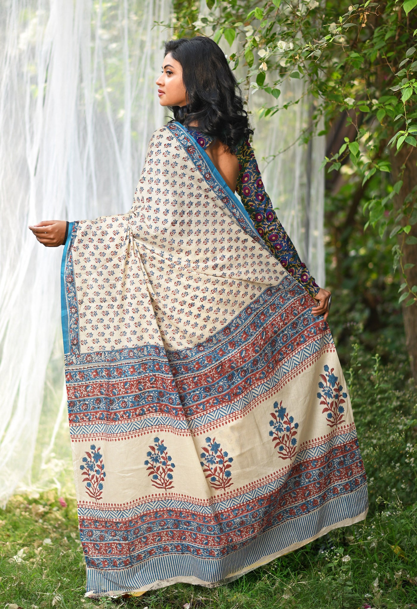 Ivory-Blue Pure Hand Block Printed Soft Cotton Saree-UNM81909