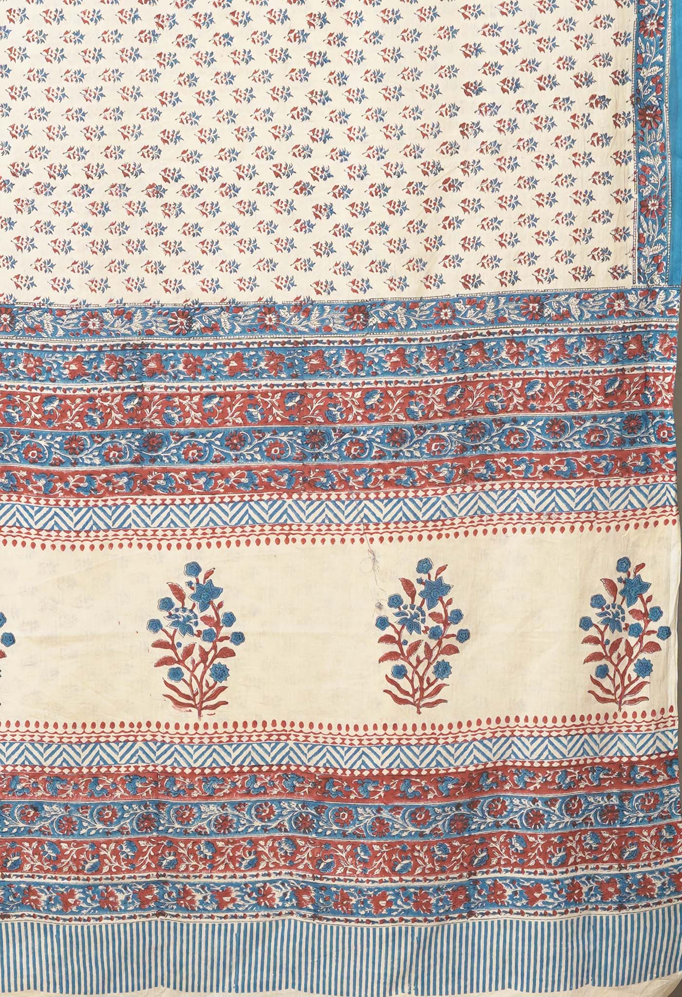 Ivory-Blue Pure Hand Block Printed Soft Cotton Saree-UNM81909
