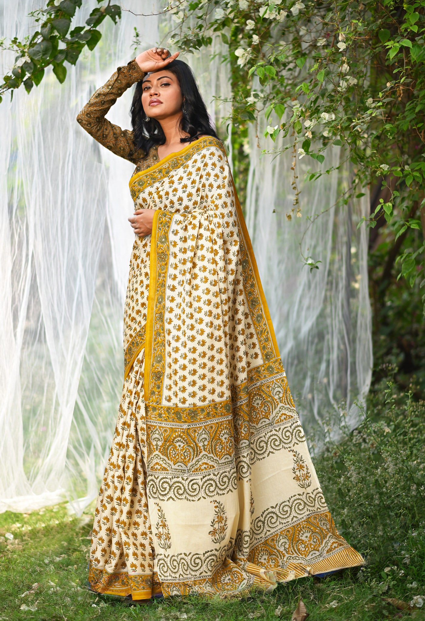 Ivory-Yellow Pure Hand Block Printed Soft Cotton Saree-UNM81910