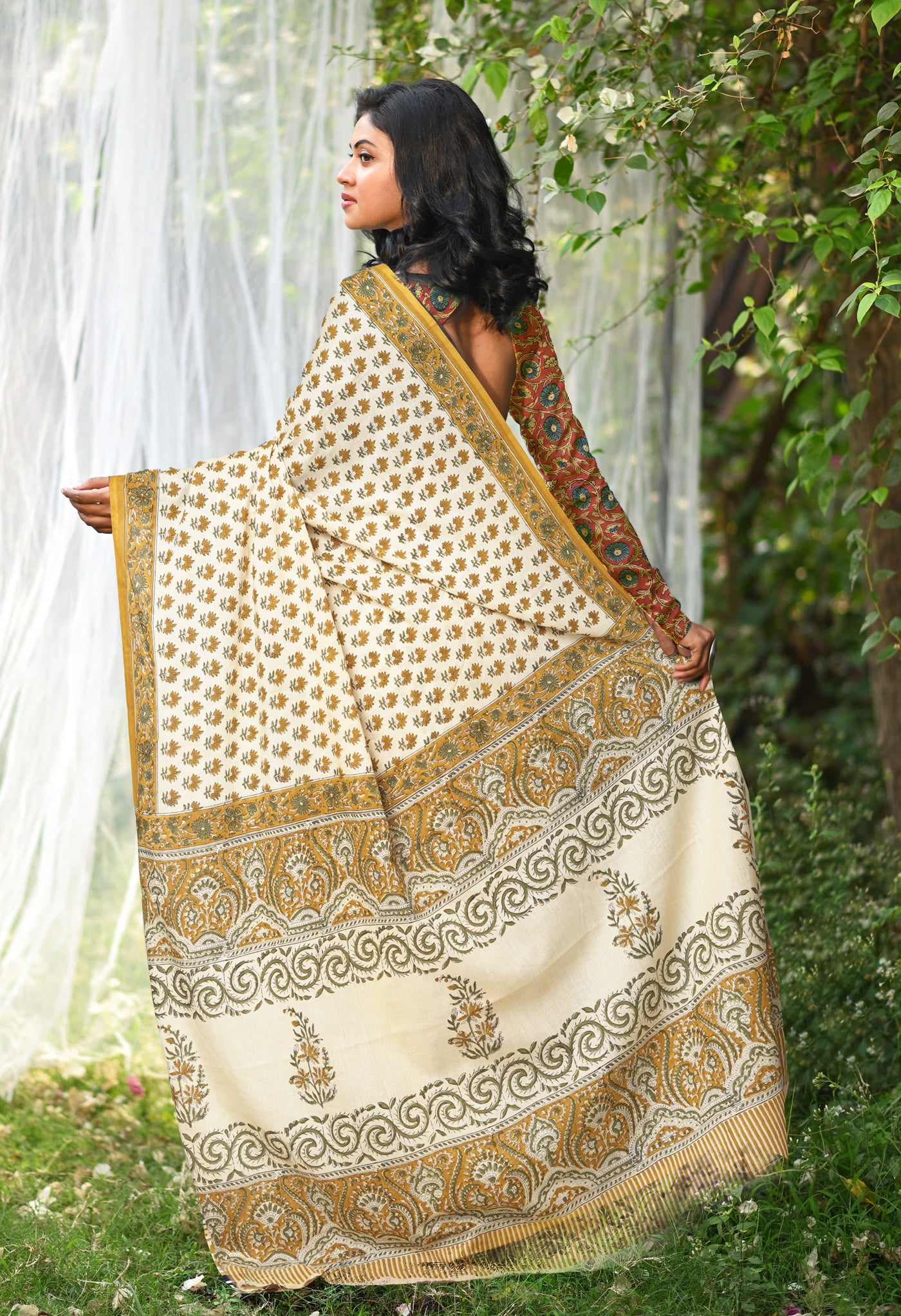 Ivory-Yellow Pure Hand Block Printed Soft Cotton Saree-UNM81910