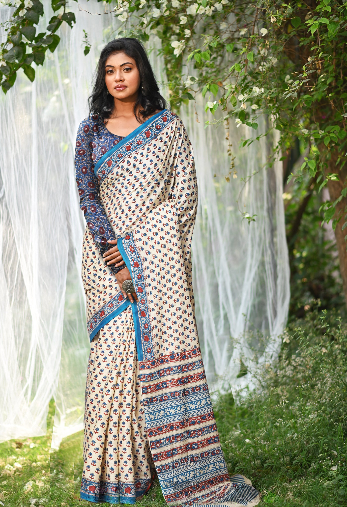 Ivory-Blue Pure Hand Block Printed Soft Cotton Saree-UNM81911