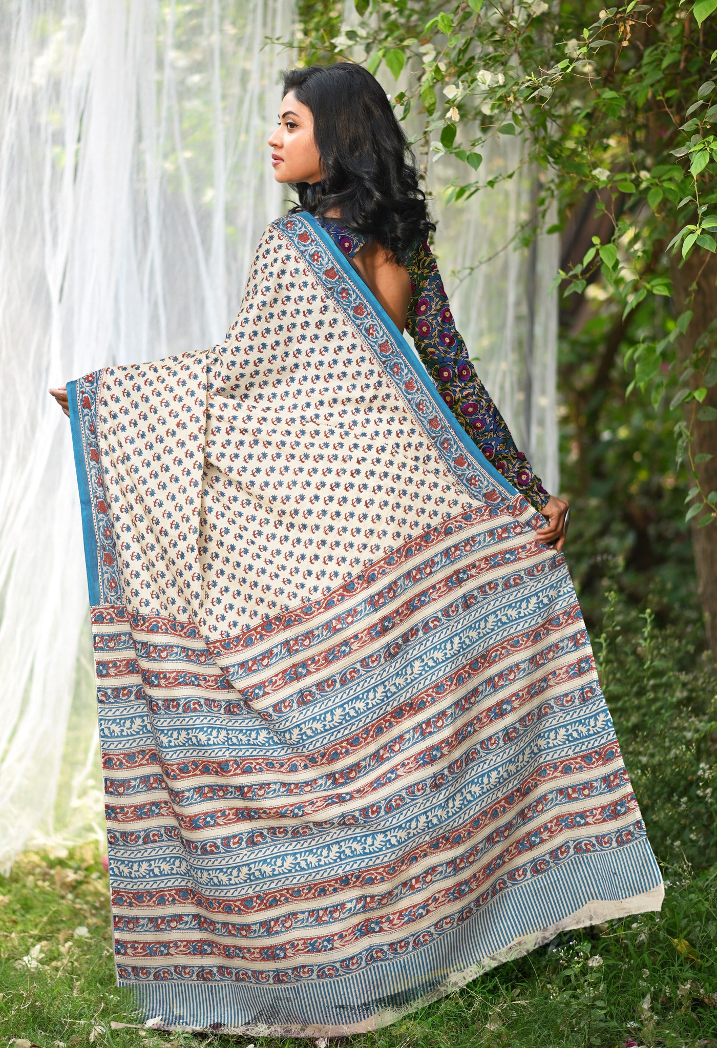 Ivory-Blue Pure Hand Block Printed Soft Cotton Saree-UNM81911