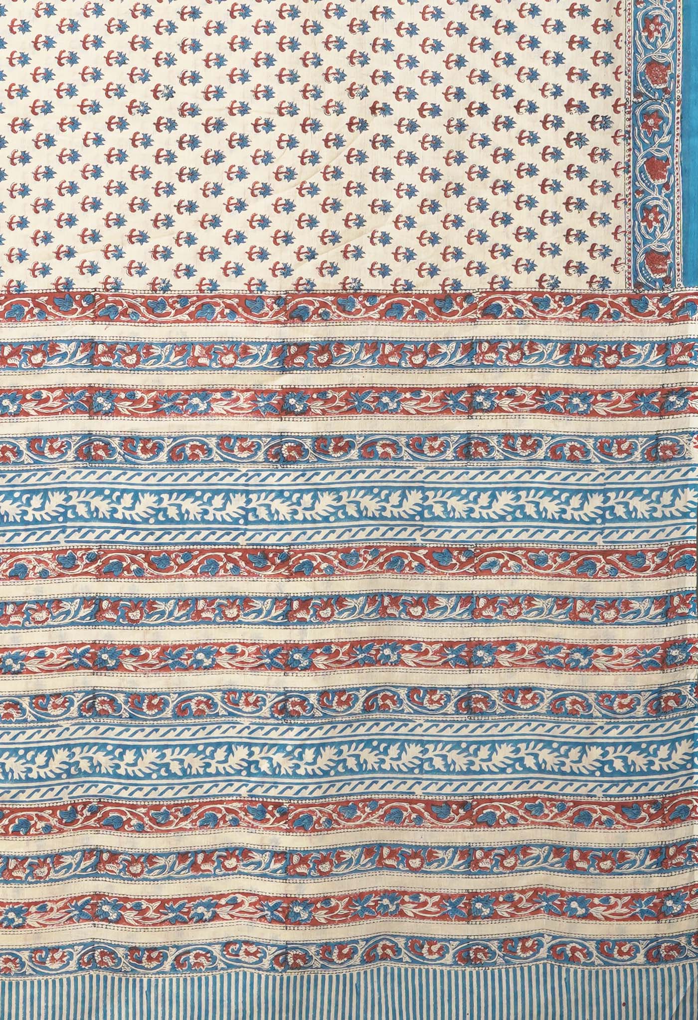 Ivory-Blue Pure Hand Block Printed Soft Cotton Saree-UNM81911
