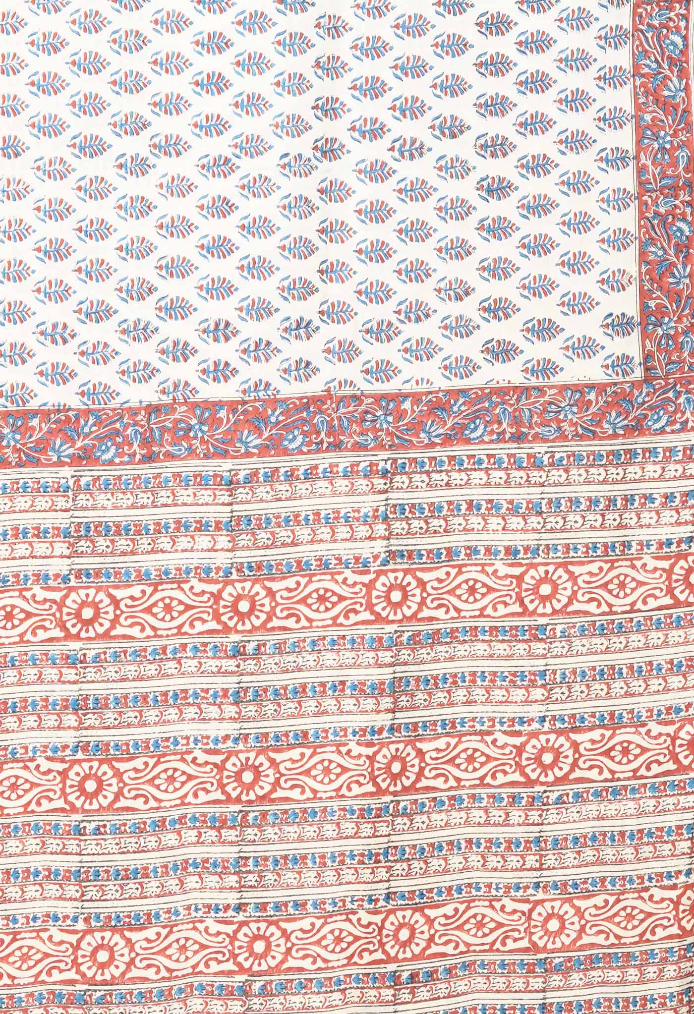 Ivory-Red Pure Hand Block Printed Soft Cotton Saree-UNM81913