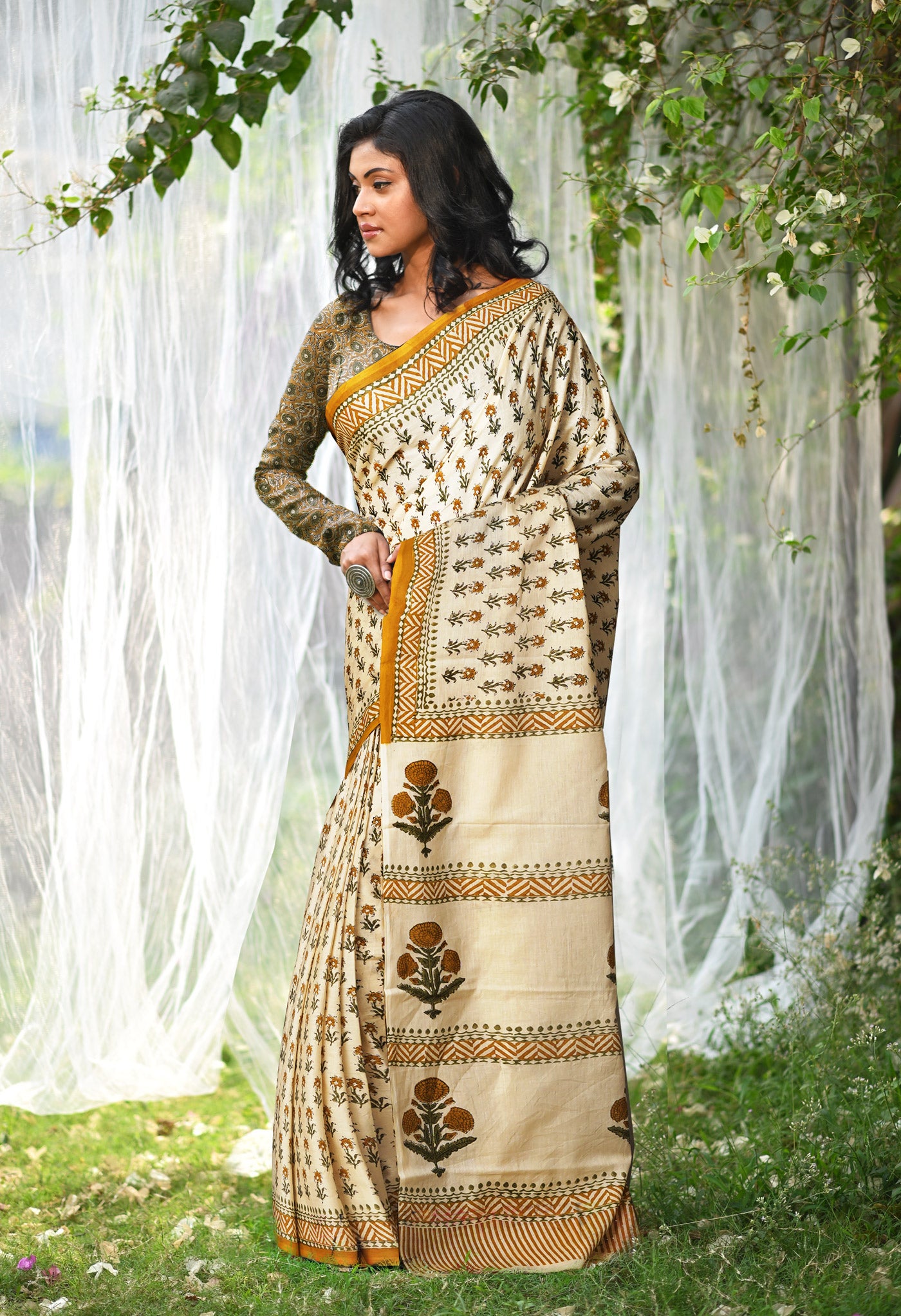 Ivory-Yellow Pure Hand Block Printed Soft Cotton Saree-UNM81914