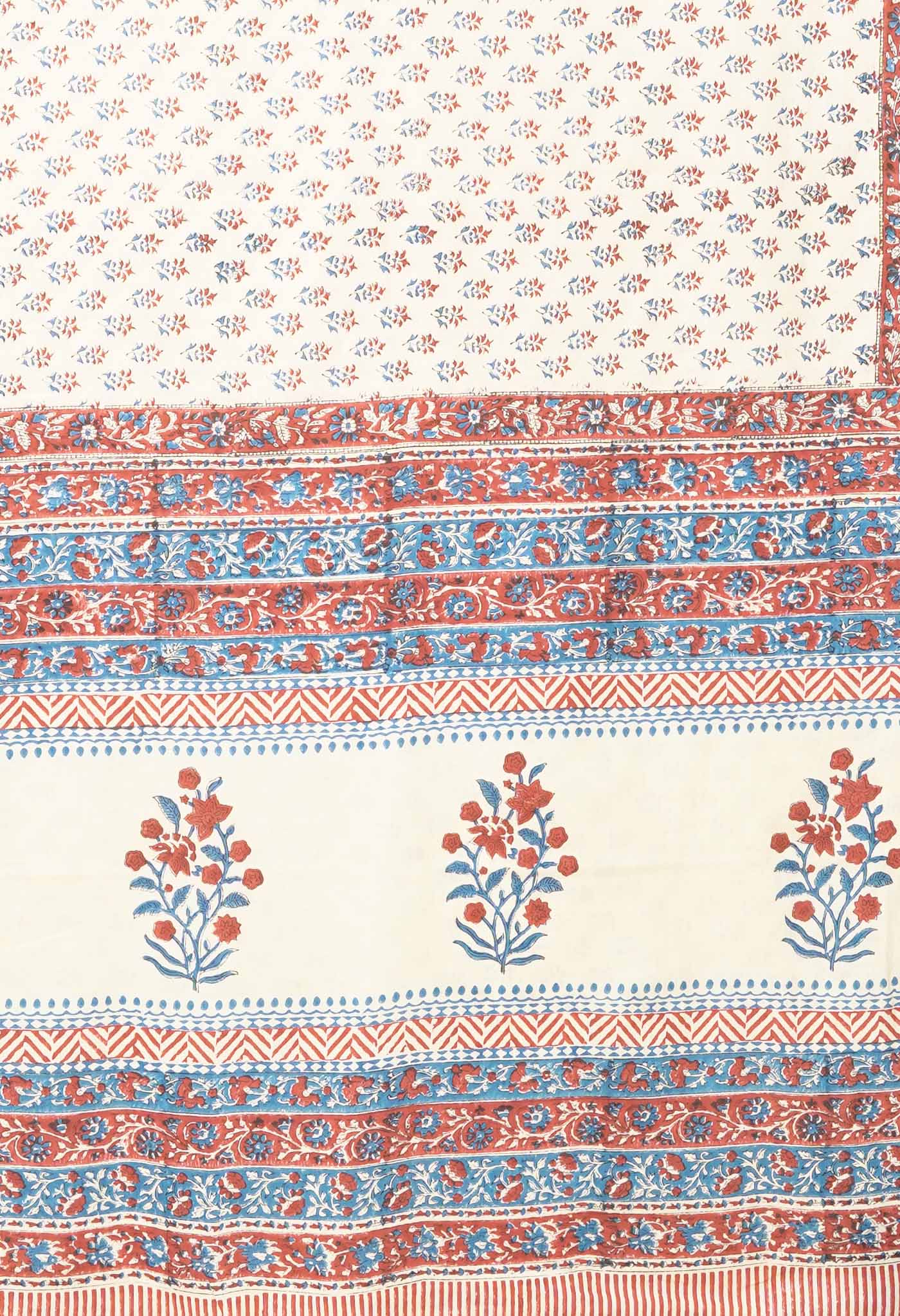 Ivory-Red Pure Hand Block Printed Soft Cotton Saree-UNM81915