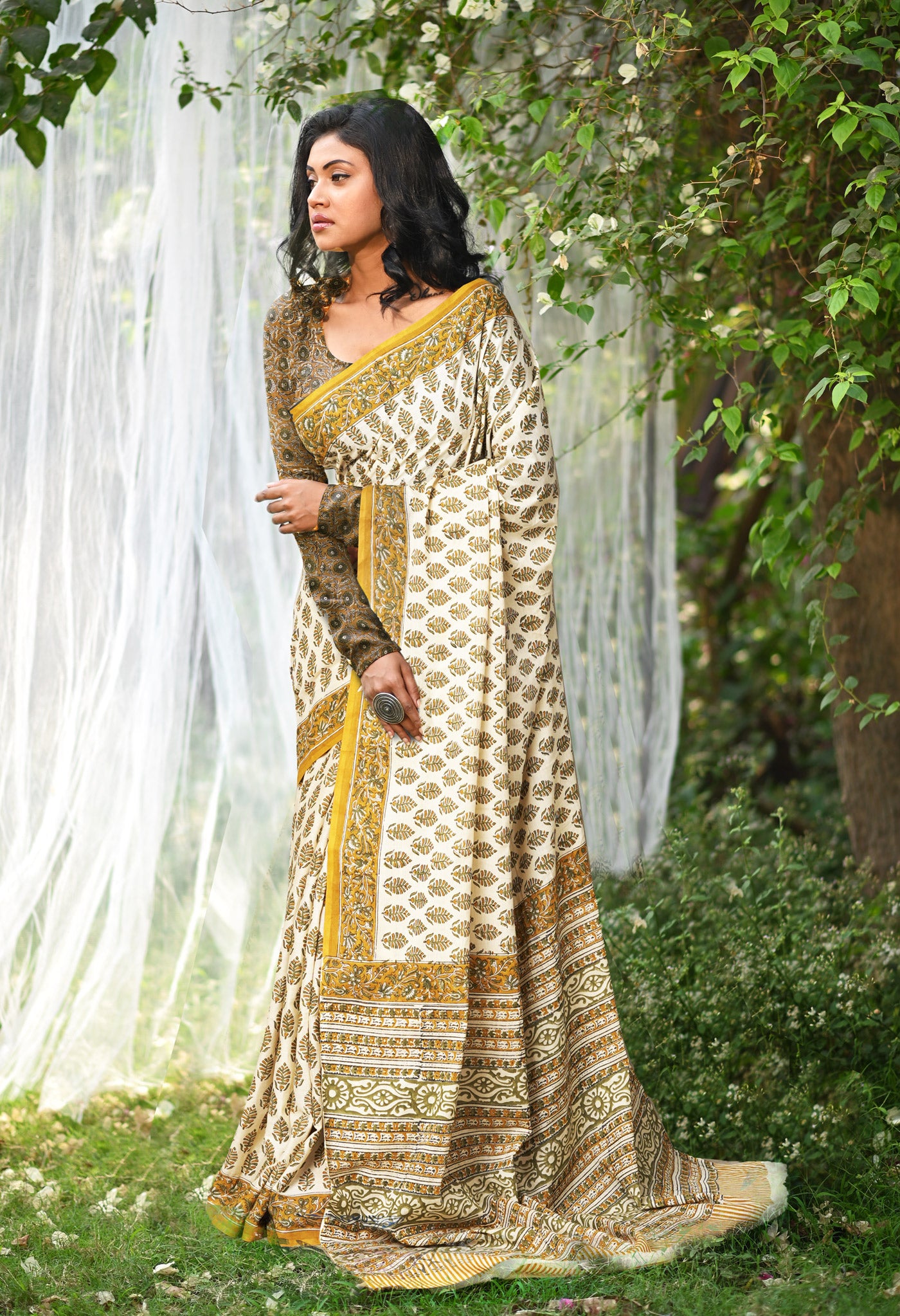 Ivory-Yellow Pure Hand Block Printed Soft Cotton Saree-UNM81917