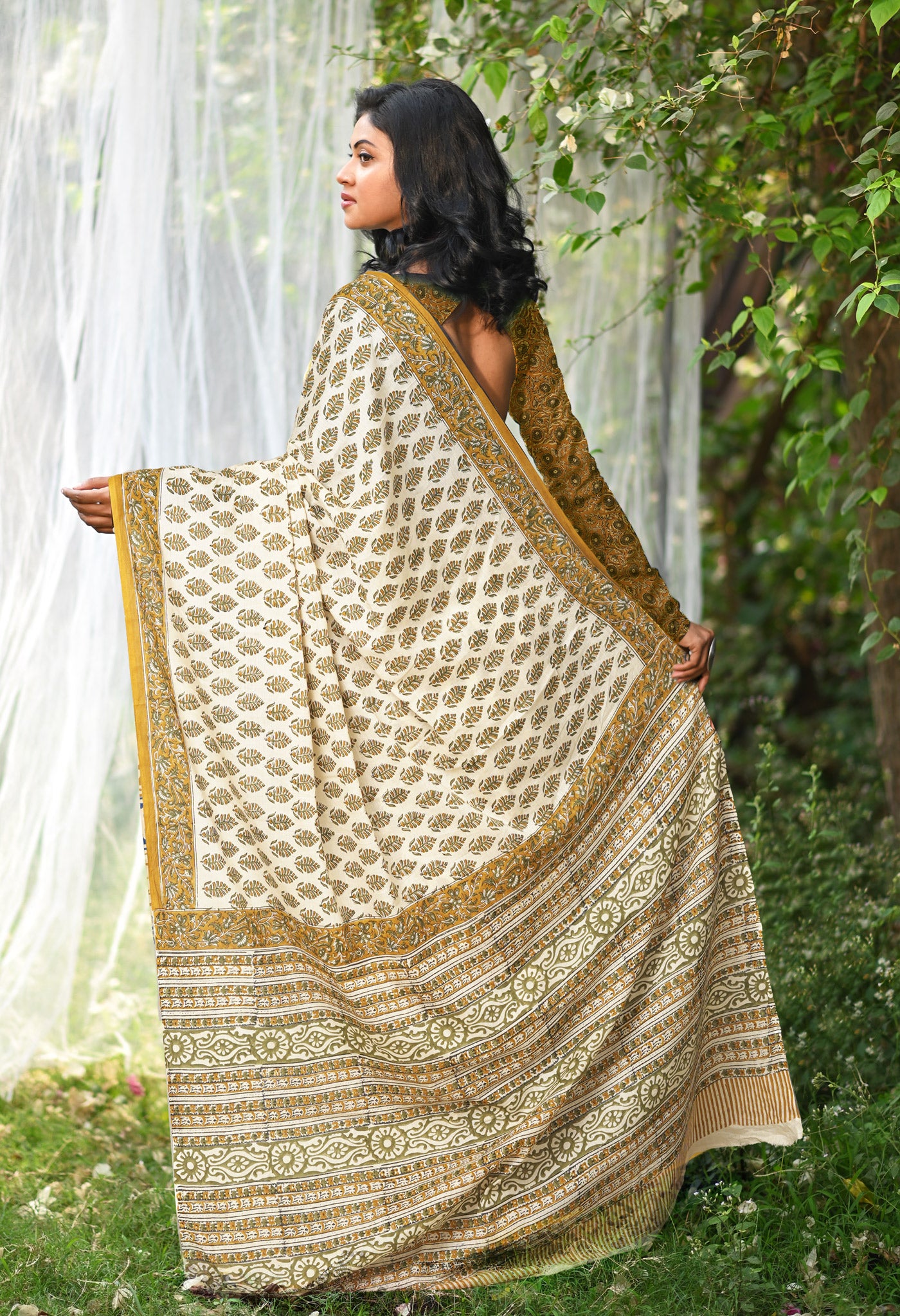 Ivory-Yellow Pure Hand Block Printed Soft Cotton Saree-UNM81917