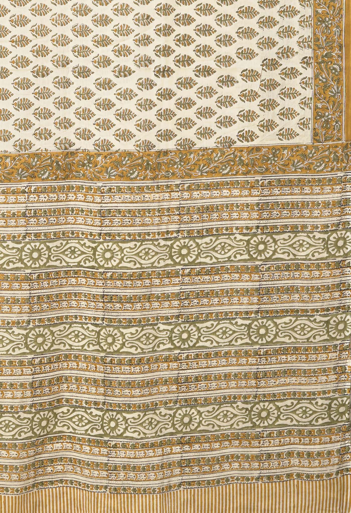 Ivory-Yellow Pure Hand Block Printed Soft Cotton Saree-UNM81917