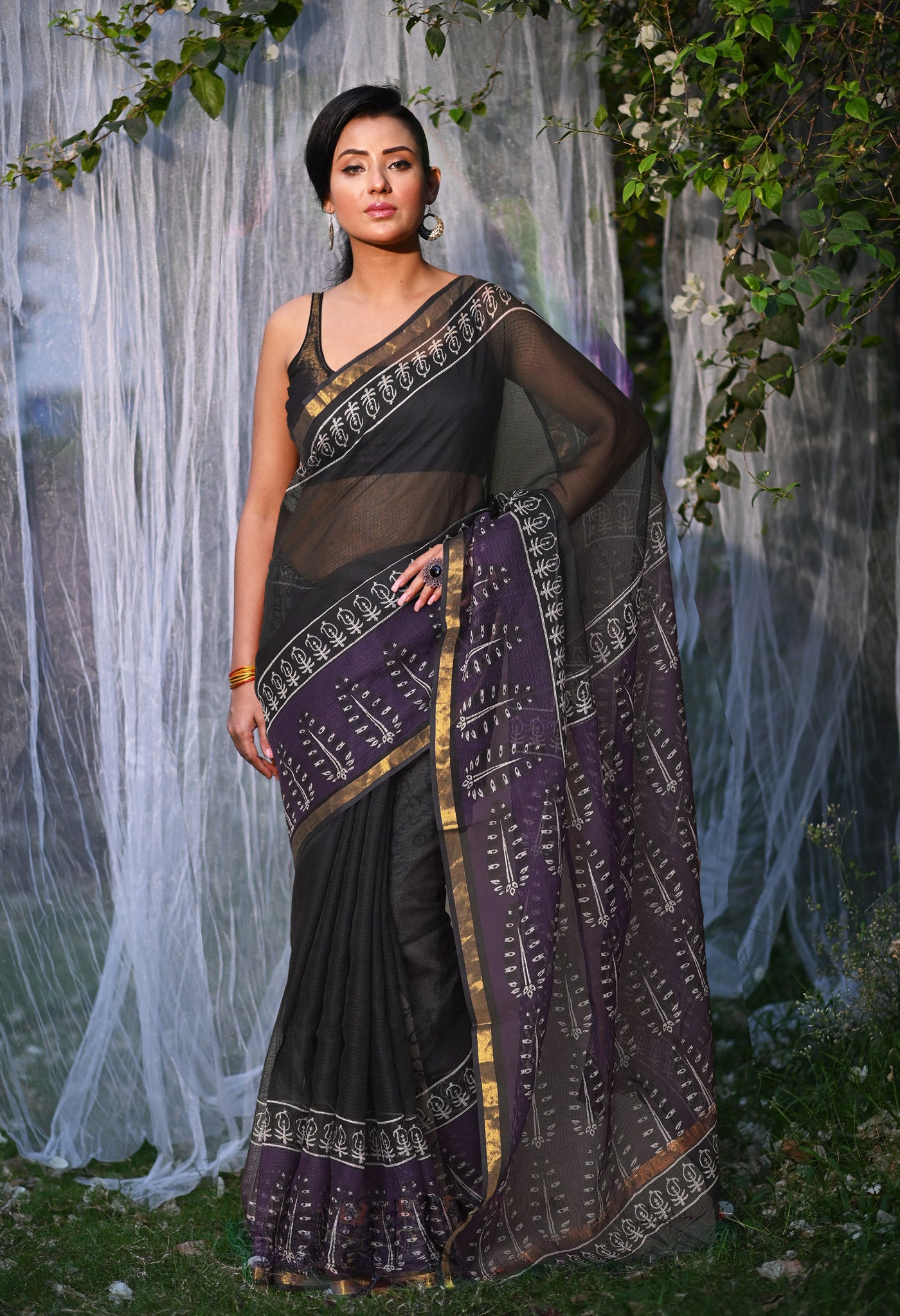 Black-Violet Pure Bagru Block Printed Kota Saree-UNM82032